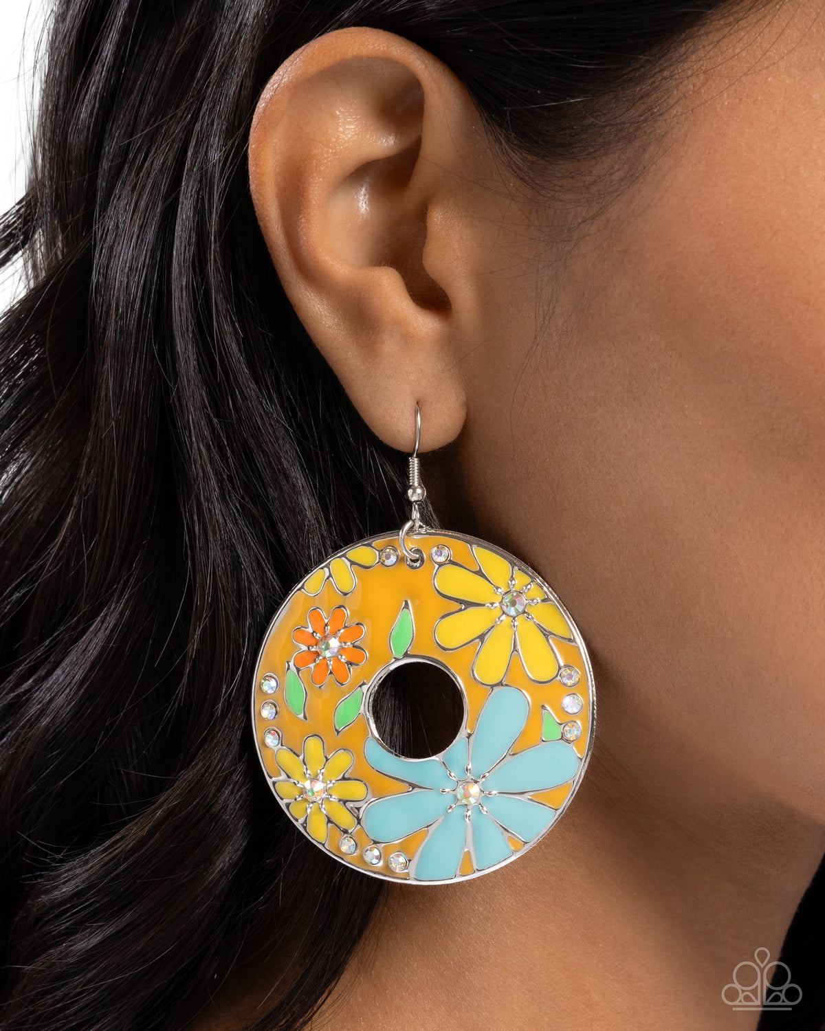 Embroidered Elegance Yellow & Multi Flower Earrings - Paparazzi Accessories- on model - CarasShop.com - Paparazzi Jewelry by Cara Jewels
