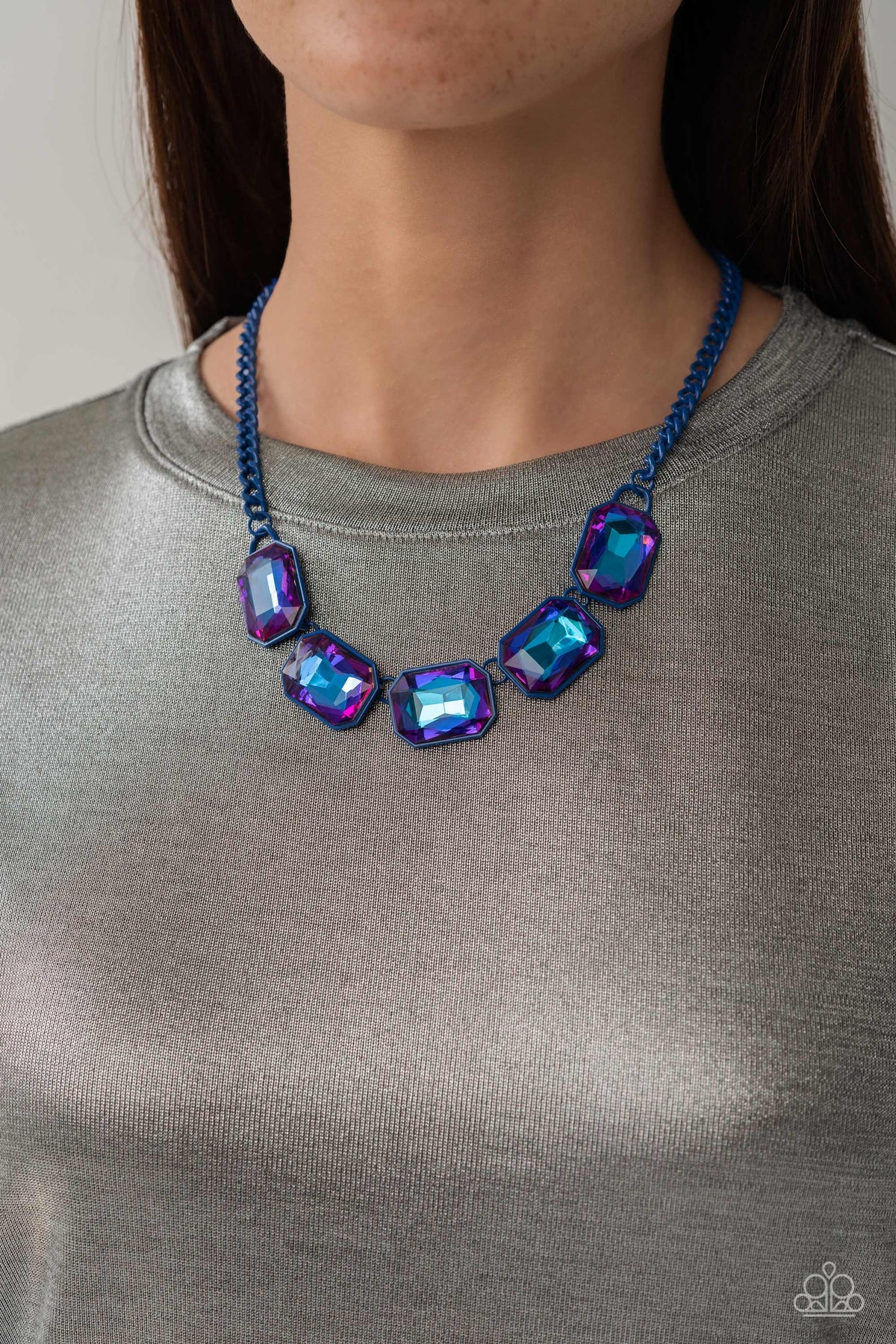 Emerald City Couture Blue UV Shimmer Rhinestone Necklace - Paparazzi Accessories- on model - CarasShop.com - Paparazzi Jewelry by Cara Jewels