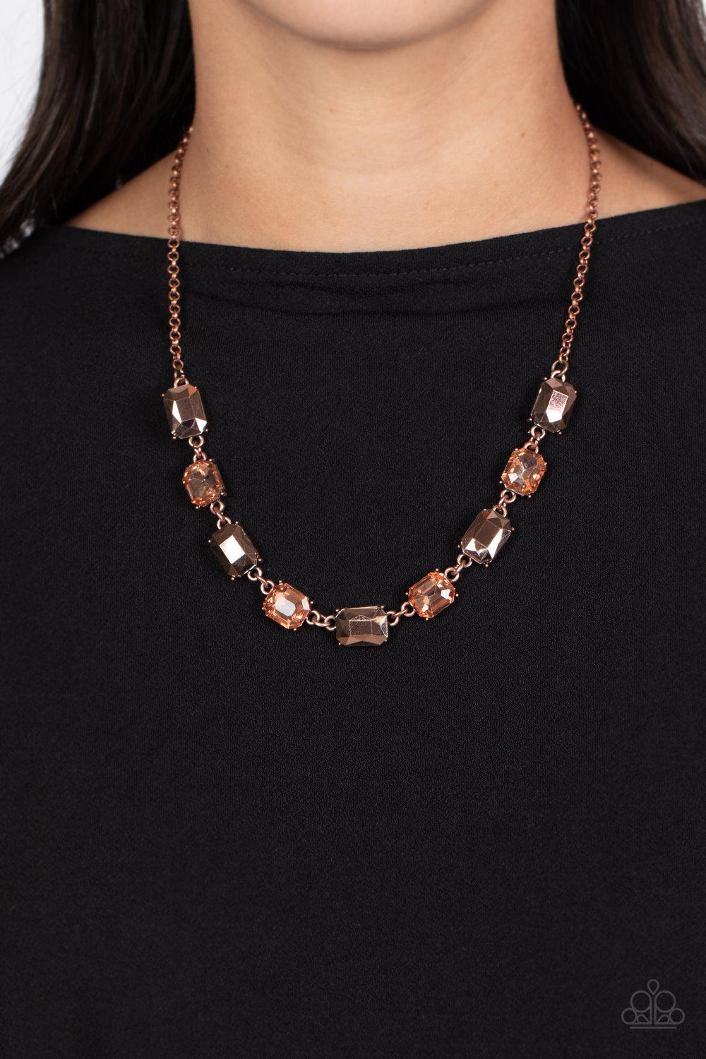 Emerald Envy Copper Rhinestone Necklace - Paparazzi Accessories- lightbox - CarasShop.com - Paparazzi Jewelry by Cara Jewels