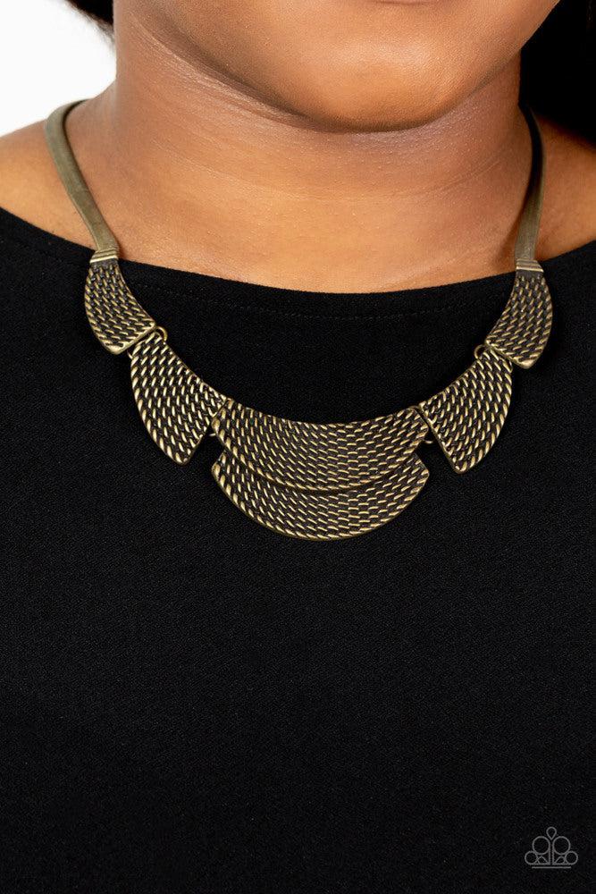 Empress Empire Brass Necklace - Paparazzi Accessories- on model - CarasShop.com - Paparazzi Jewelry by Cara Jewels
