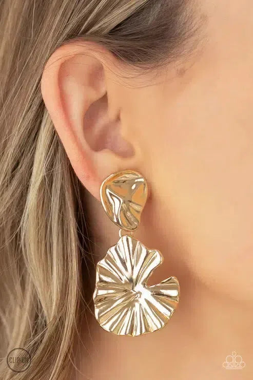 Empress of the Amazon Gold Earrings - Paparazzi Accessories-on model - CarasShop.com - Paparazzi Jewelry by Cara Jewels