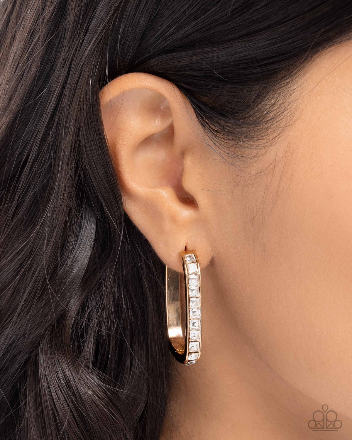 Encased Elevation Gold & White Rhinestone Hinge Hoop Earrings - Paparazzi Accessories-on model - CarasShop.com - Paparazzi Jewelry by Cara Jewels
