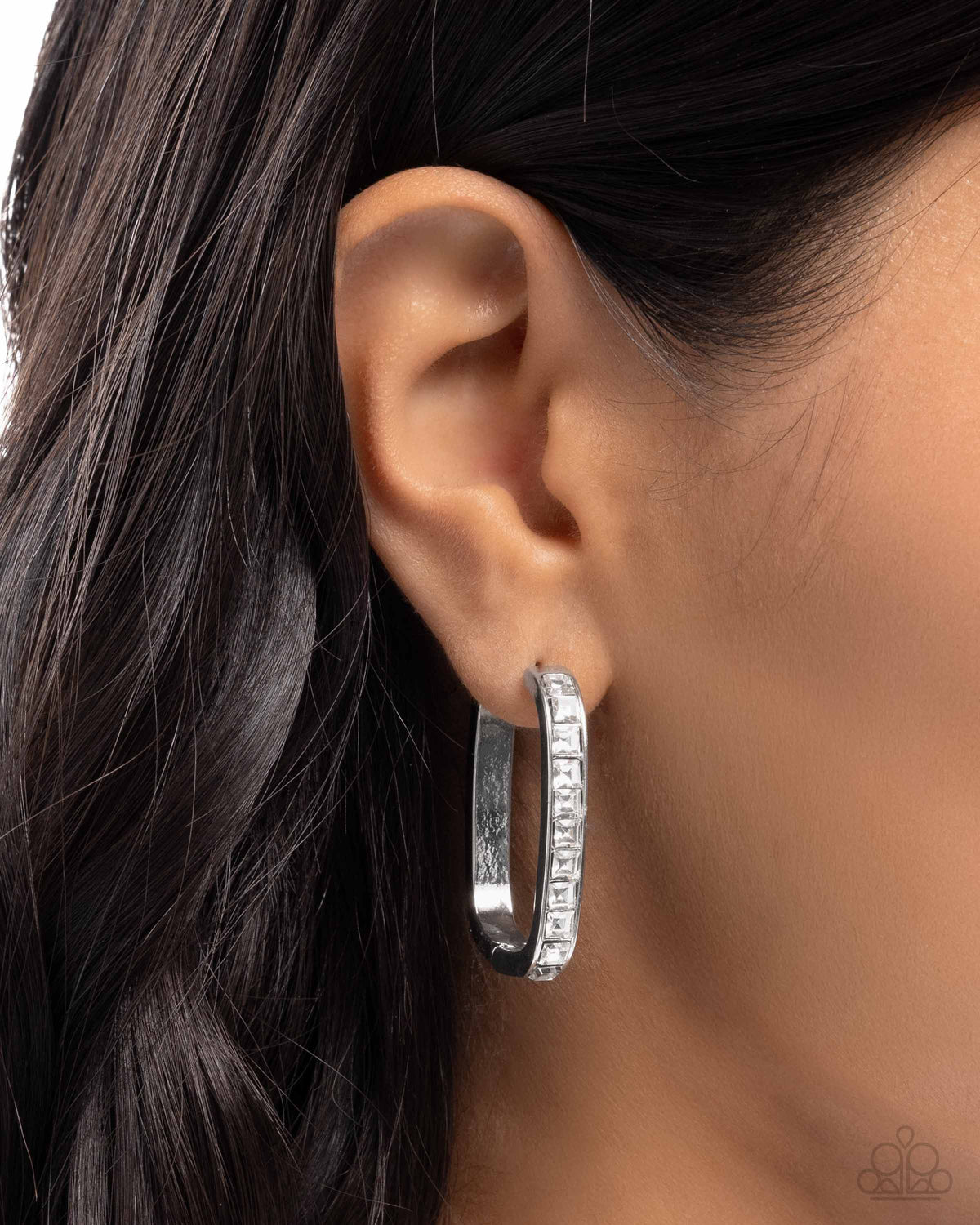 Encased Elevation White Rhinestone Hinge Hoop Earrings - Paparazzi Accessories-on model - CarasShop.com - Paparazzi Jewelry by Cara Jewels