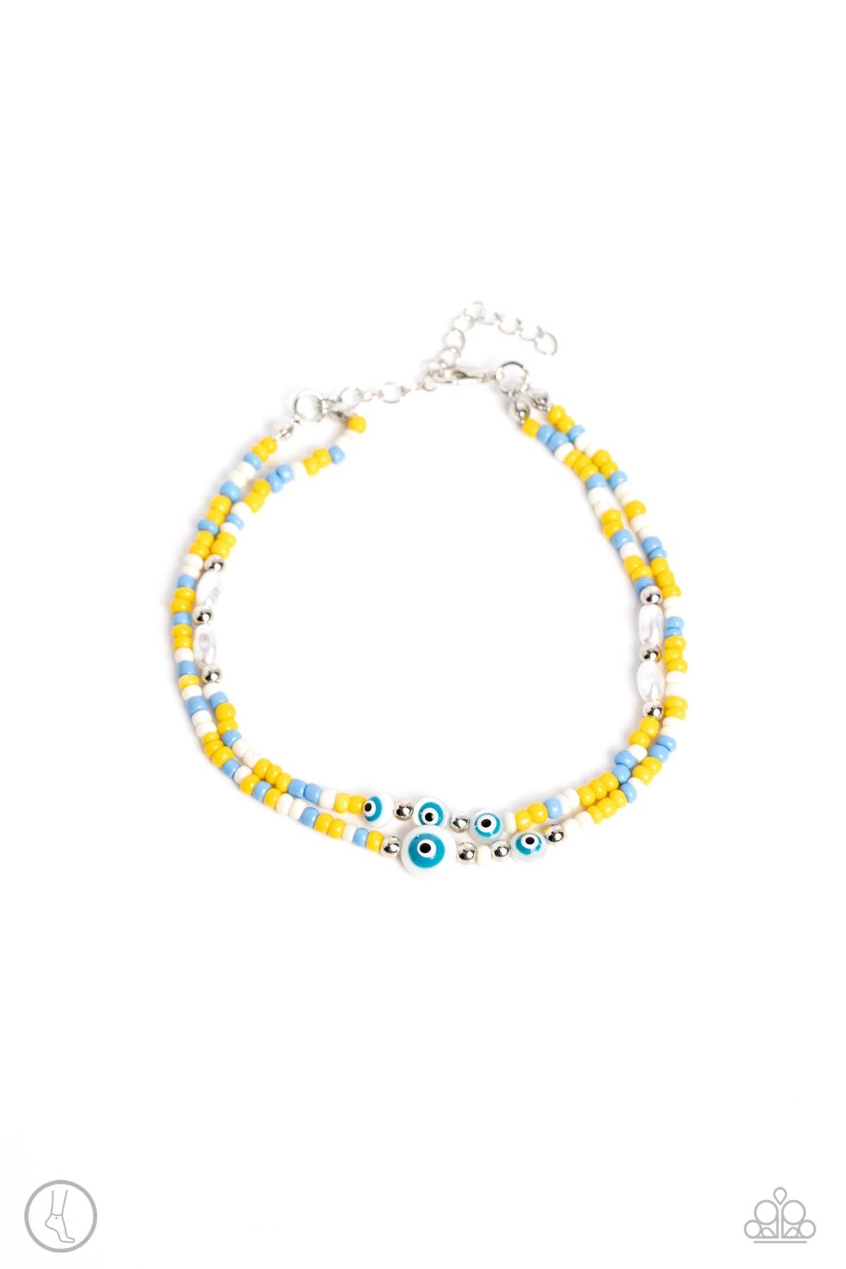 Enchanting Energy Yellow, Blue & White Seed Bead Anklet - Paparazzi Accessories- lightbox - CarasShop.com - Paparazzi Jewelry by Cara Jewels