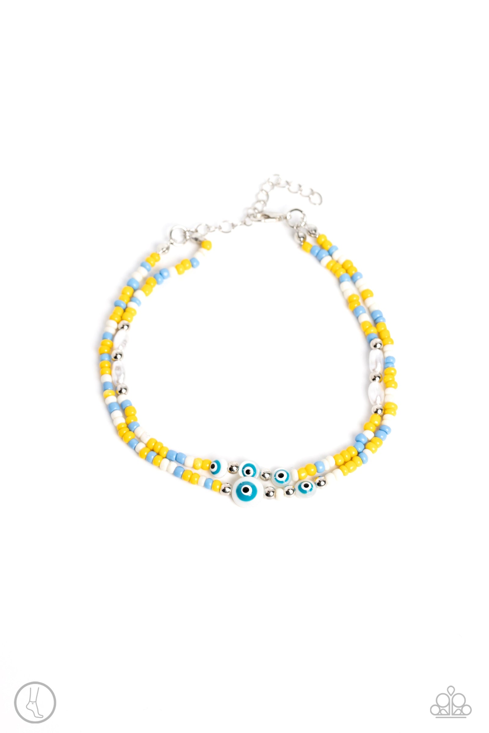 Enchanting Energy Yellow, Blue & White Seed Bead Anklet - Paparazzi Accessories- lightbox - CarasShop.com - Paparazzi Jewelry by Cara Jewels