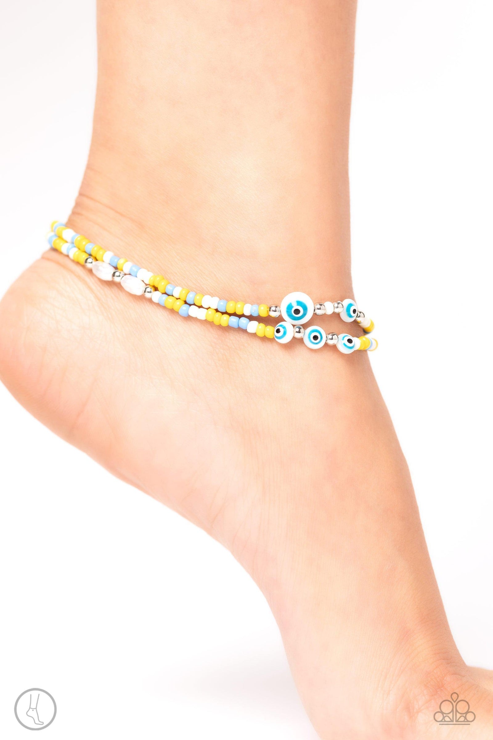 Enchanting Energy Yellow, Blue & White Seed Bead Anklet - Paparazzi Accessories- lightbox - CarasShop.com - Paparazzi Jewelry by Cara Jewels