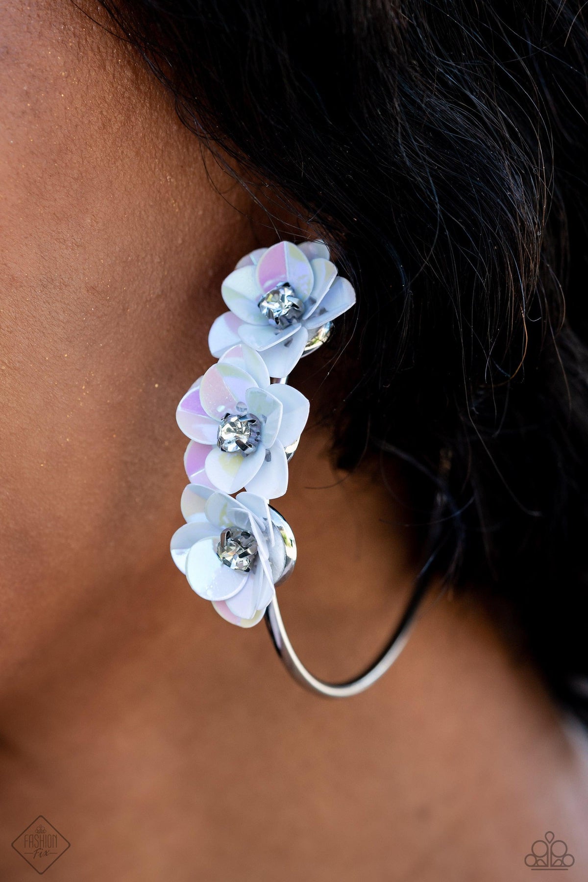 Ethereal Embellishment Multi Floral Hoop Earrings - Paparazzi Accessories- on model - CarasShop.com - Paparazzi Jewelry by Cara Jewels