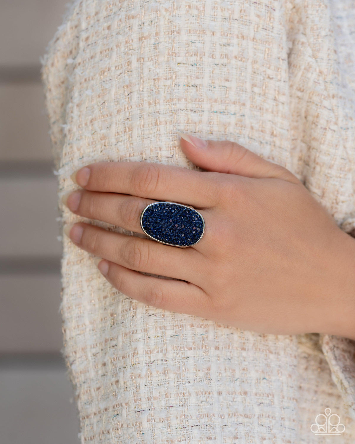 Exaggerated Elitist Navy Blue Rhinestone Ring - Paparazzi Accessories- on model - CarasShop.com - Paparazzi Jewelry by Cara Jewels