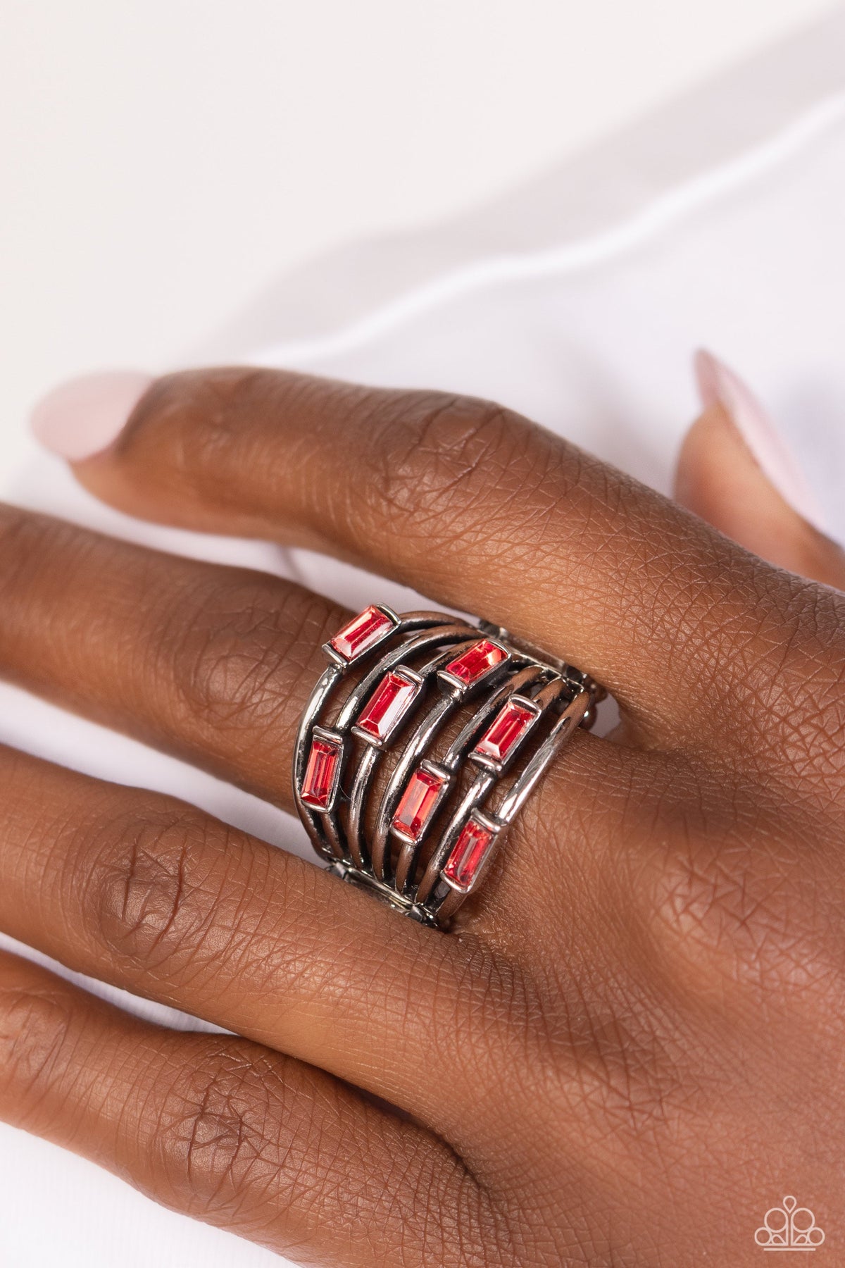 Exceptional Edge Red Rhinestone Ring - Paparazzi Accessories- on model - CarasShop.com - Paparazzi Jewelry by Cara Jewels