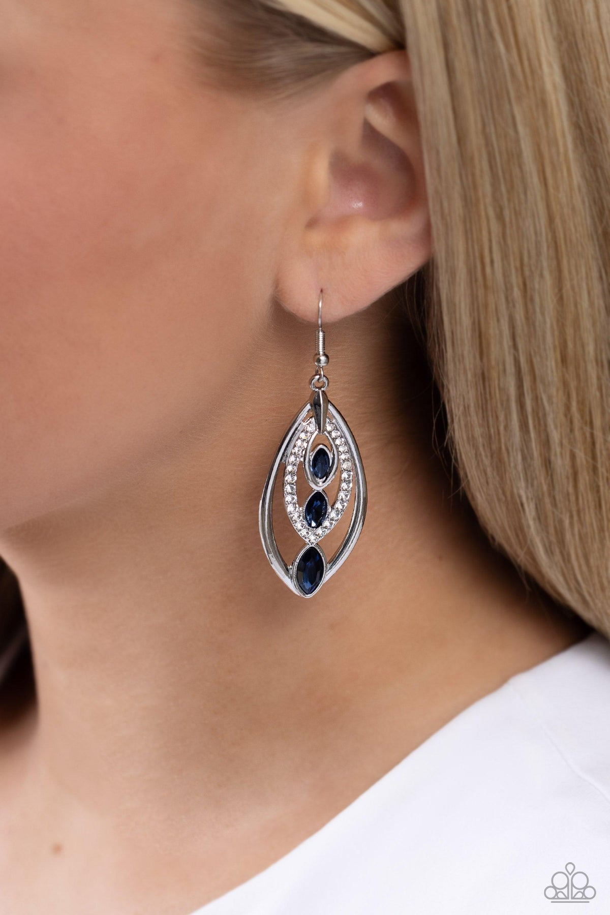 Extra Exuberant Blue Rhinestone Earrings - Paparazzi Accessories- on model - CarasShop.com - Paparazzi Jewelry by Cara Jewels