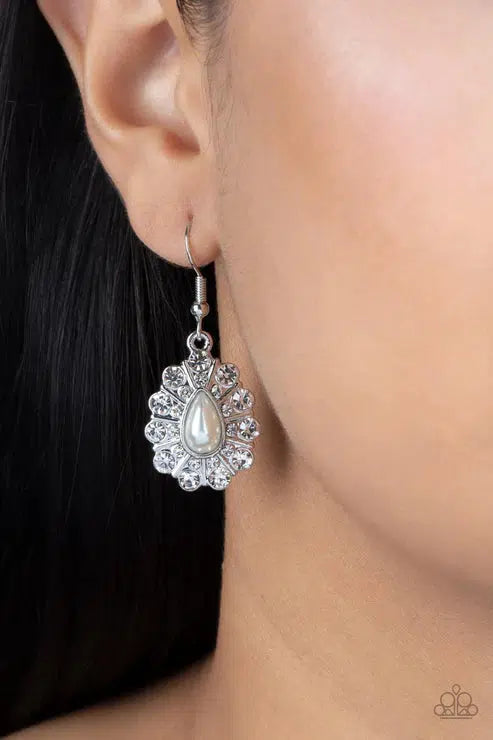 Extroverted Elegance White Earrings - Paparazzi Accessories- on model - CarasShop.com - Paparazzi Jewelry by Cara Jewels