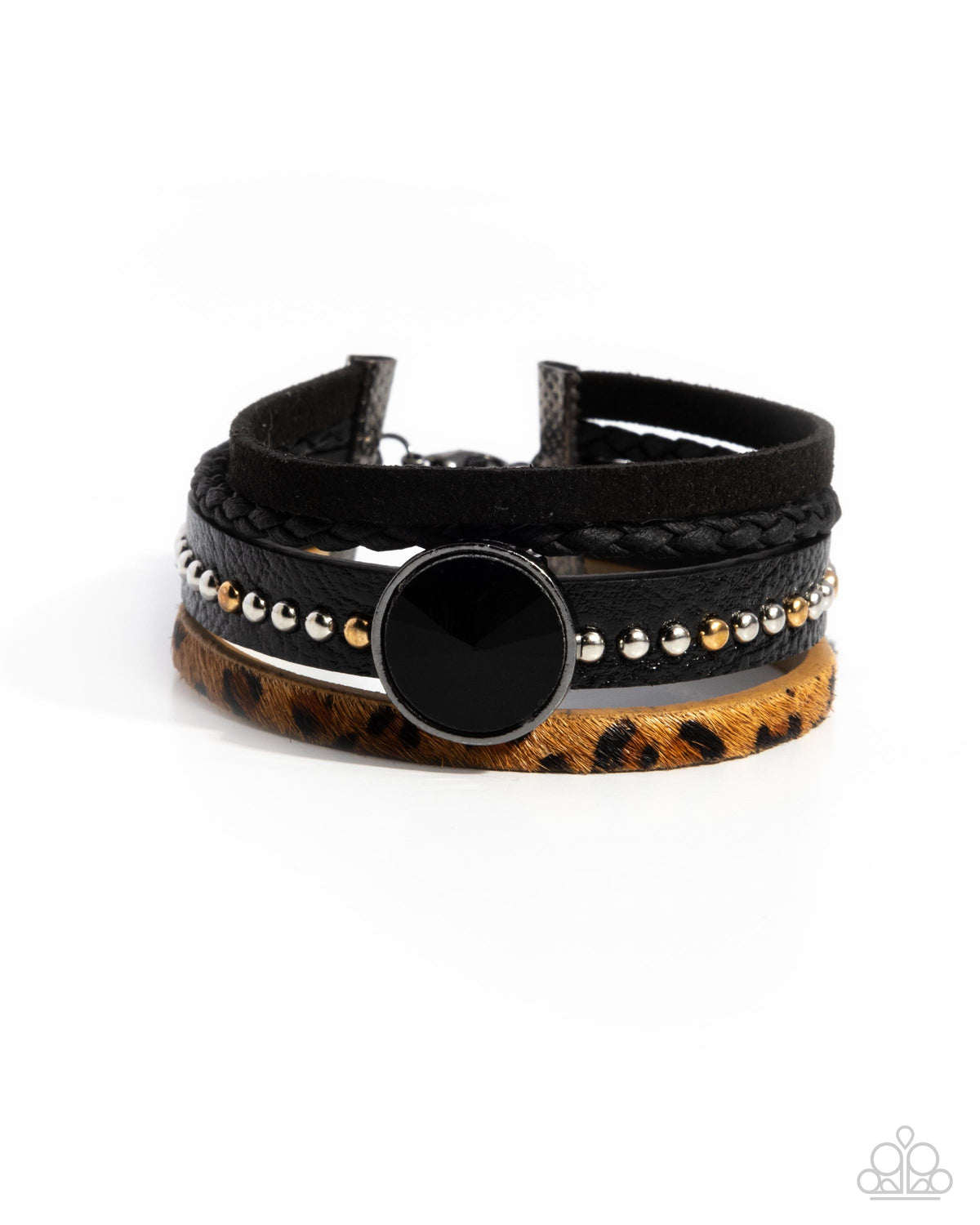 Fair LEATHER Black Leather & Cheetah print Bracelet - Paparazzi Accessories- lightbox - CarasShop.com - Paparazzi Jewelry by Cara Jewels