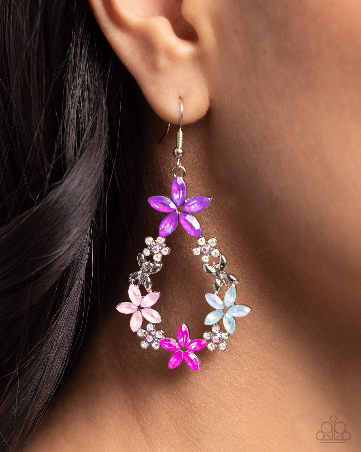 FAIRY Beautiful Pink & Multi Rhinestone Floral Earrings - Paparazzi Accessories- on model - CarasShop.com - Paparazzi Jewelry by Cara Jewels