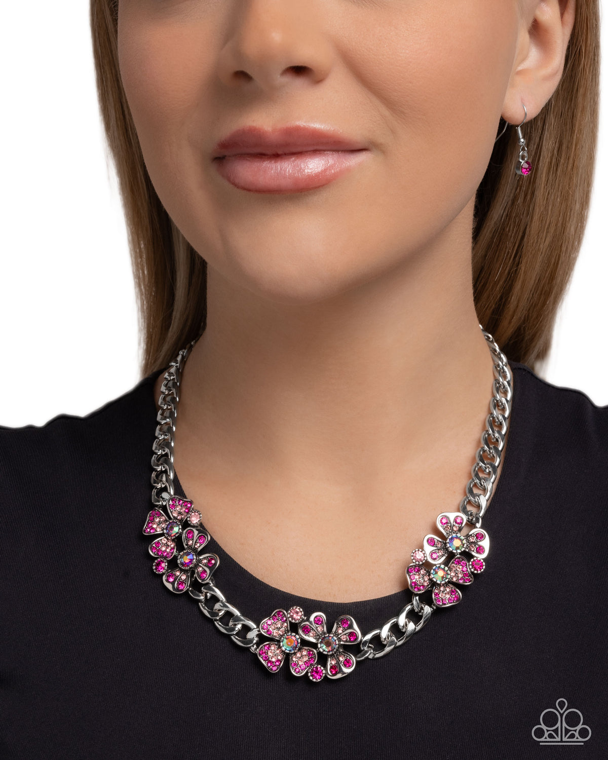 Fairy Florals Pink Rhinestone Necklace - Paparazzi Accessories-on model - CarasShop.com - Paparazzi Jewelry by Cara Jewels