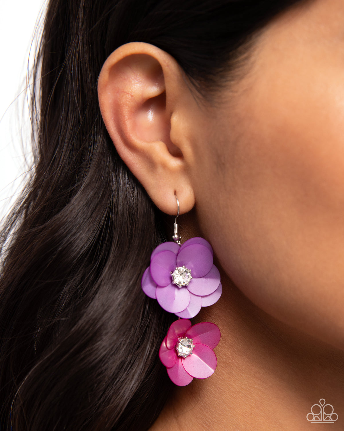 Fairy Tale Florals Purple Flower Earrings - Paparazzi Accessories- on model - CarasShop.com - Paparazzi Jewelry by Cara Jewels