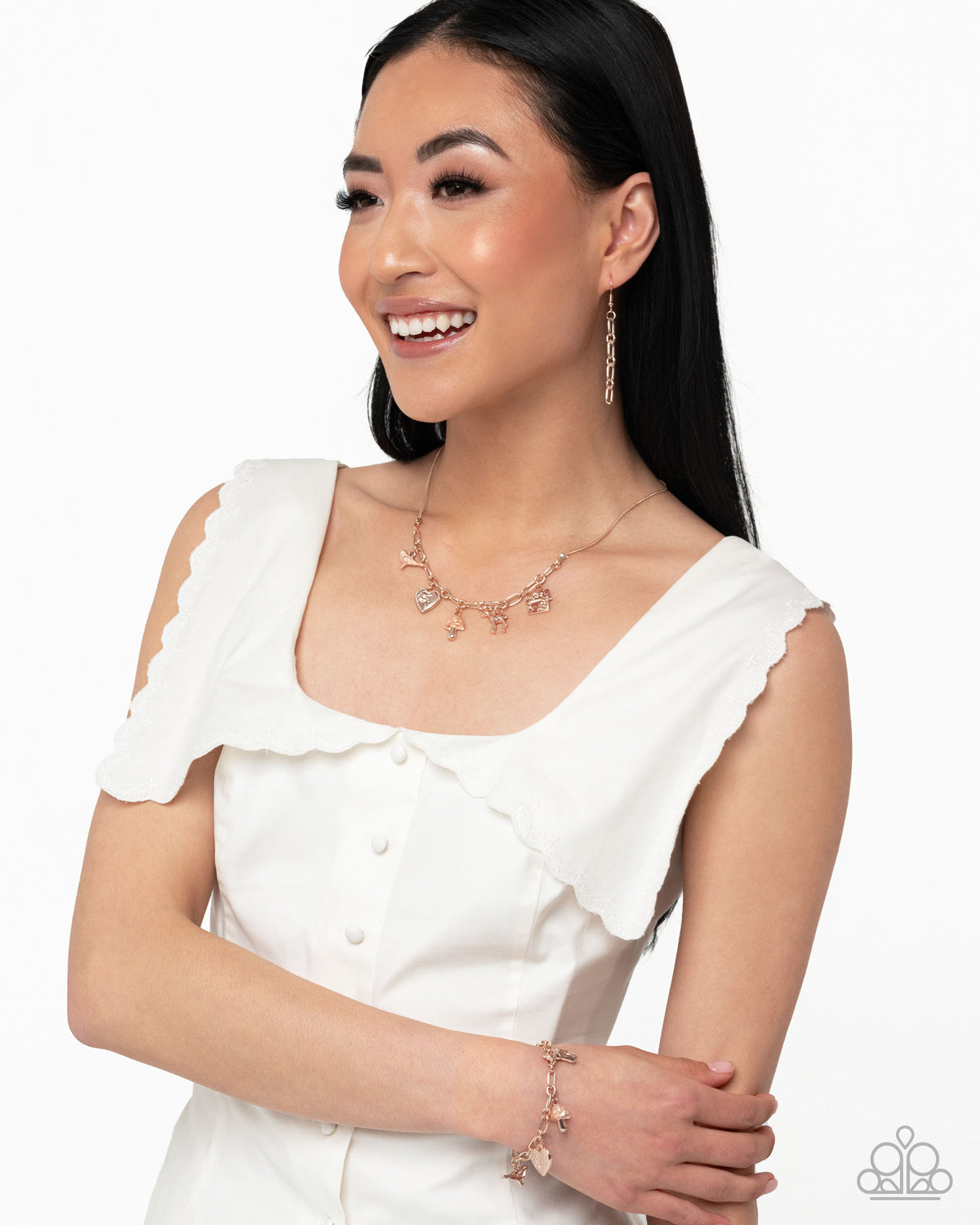 Fairytale Fanfare & Fairytale Flourish Rose Gold Charm Necklace & Bracelet Set - Paparazzi Accessories- lightbox - CarasShop.com - Paparazzi Jewelry by Cara Jewels
