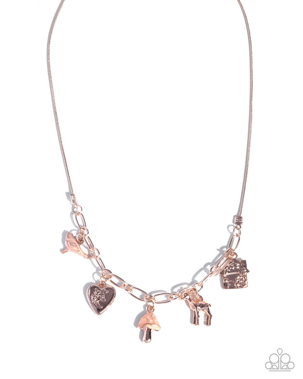 Fairytale Fanfare & Fairytale Flourish Rose Gold Charm Necklace & Bracelet Set - Paparazzi Accessories- on model - CarasShop.com - Paparazzi Jewelry by Cara Jewels