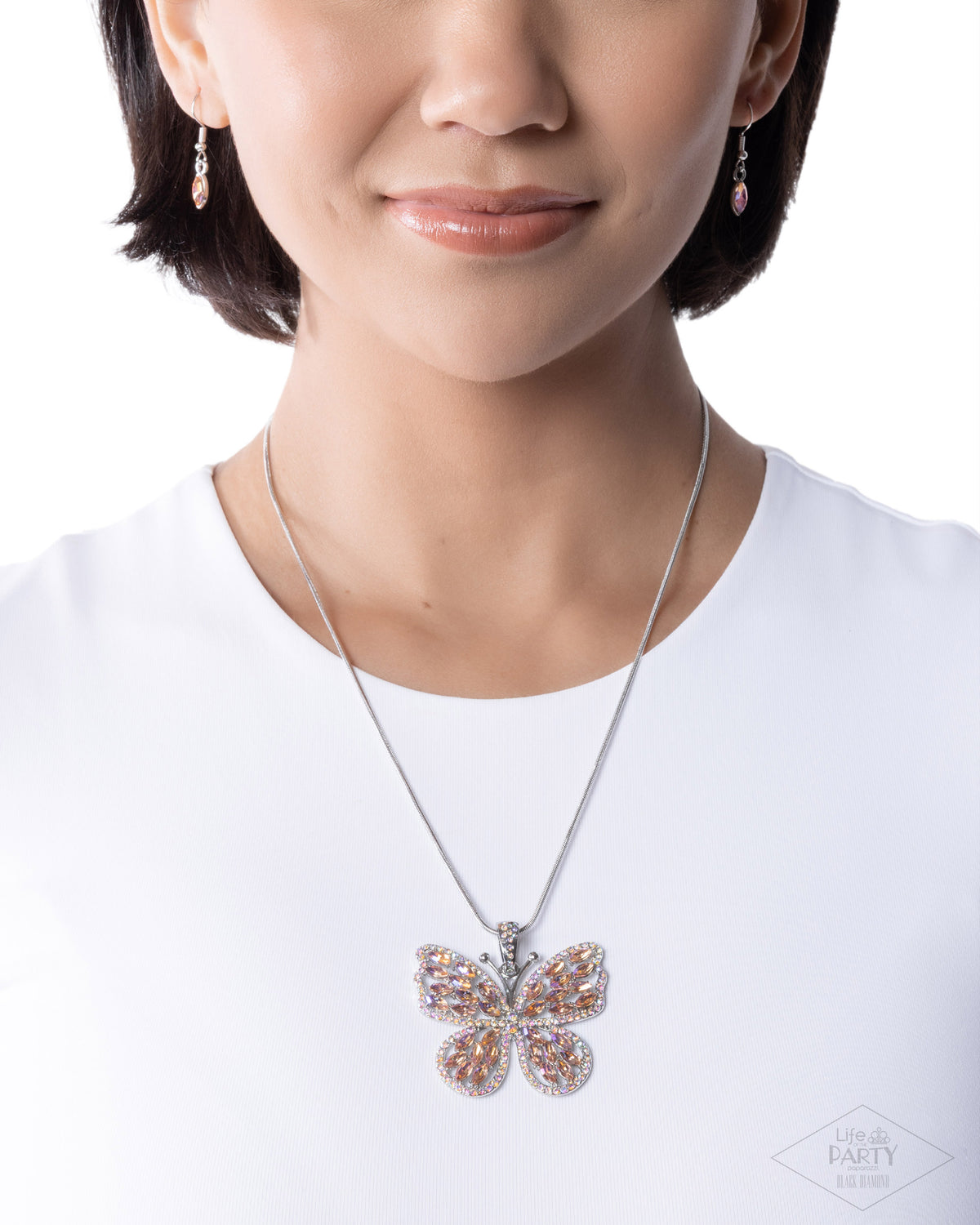 Fame and FLUTTER Multi Rhinestone Butterfly Necklace - Paparazzi Accessories-on model - CarasShop.com - Paparazzi Jewelry by Cara Jewels