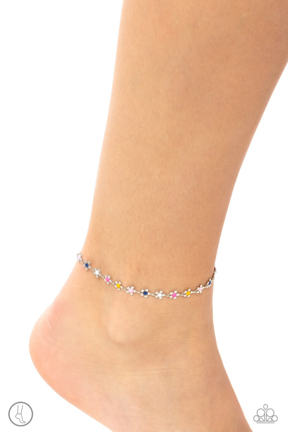 Familiar Florals Multi Flower Anklet - Paparazzi Accessories- on model - CarasShop.com - Paparazzi Jewelry by Cara Jewels