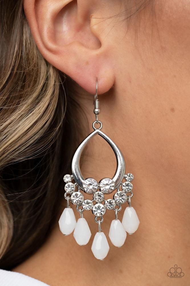 Famous Fashionista White Earrings - Paparazzi Accessories- on model - CarasShop.com - Paparazzi Jewelry by Cara Jewels