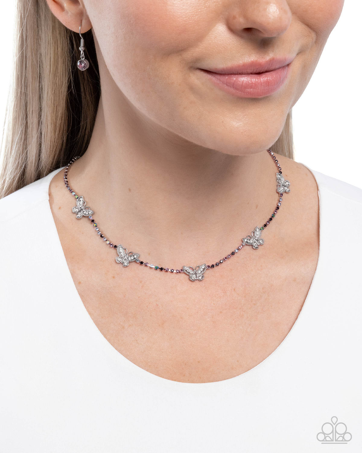 FANCIFUL of Life Purple Rhinestone Butterfly Necklace - Paparazzi Accessories-on model - CarasShop.com - Paparazzi Jewelry by Cara Jewels