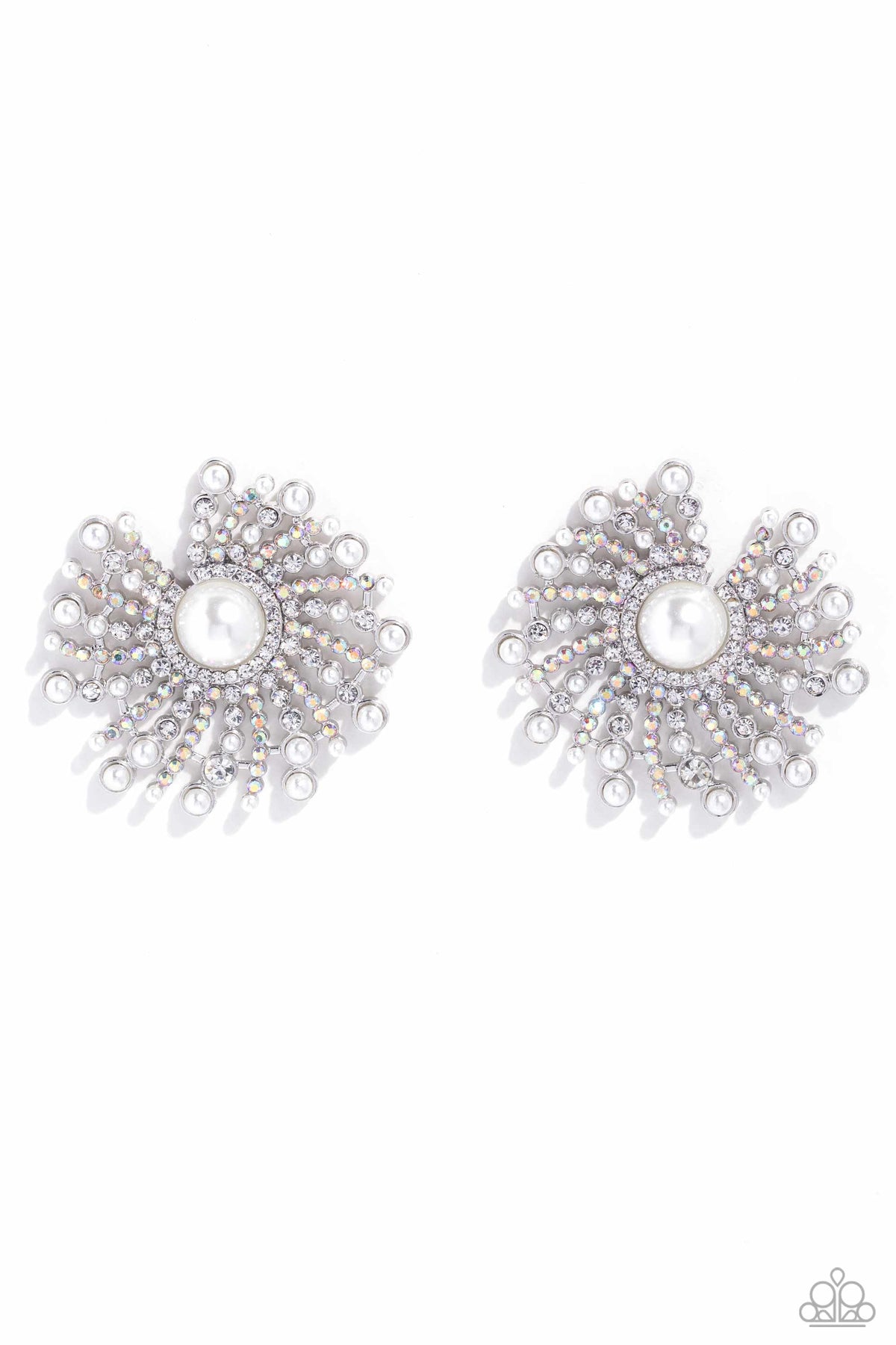 Fancy Fireworks White Pearl & Rhinestone Earrings - Paparazzi Accessories- lightbox - CarasShop.com - Paparazzi Jewelry by Cara Jewels