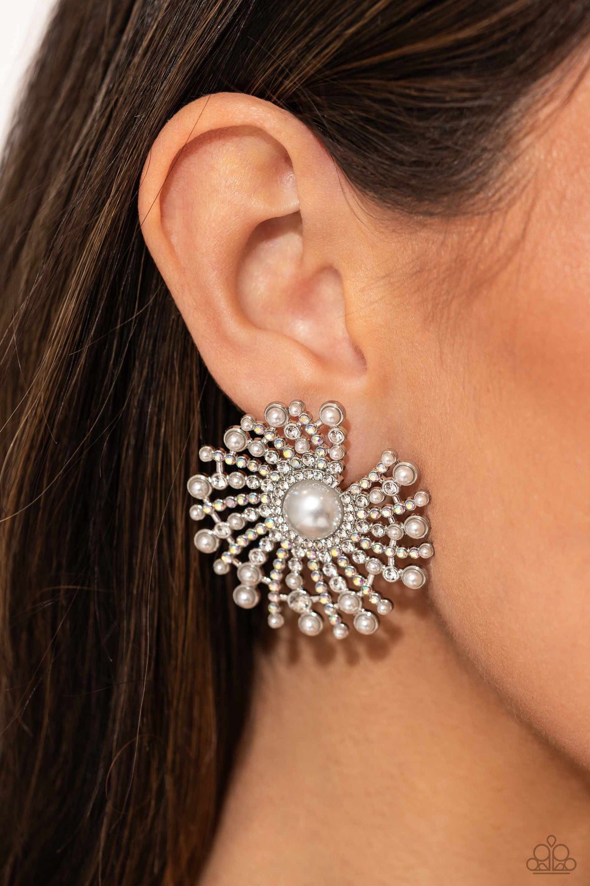 Fancy Fireworks White Pearl & Rhinestone Earrings - Paparazzi Accessories- on model - CarasShop.com - Paparazzi Jewelry by Cara Jewels