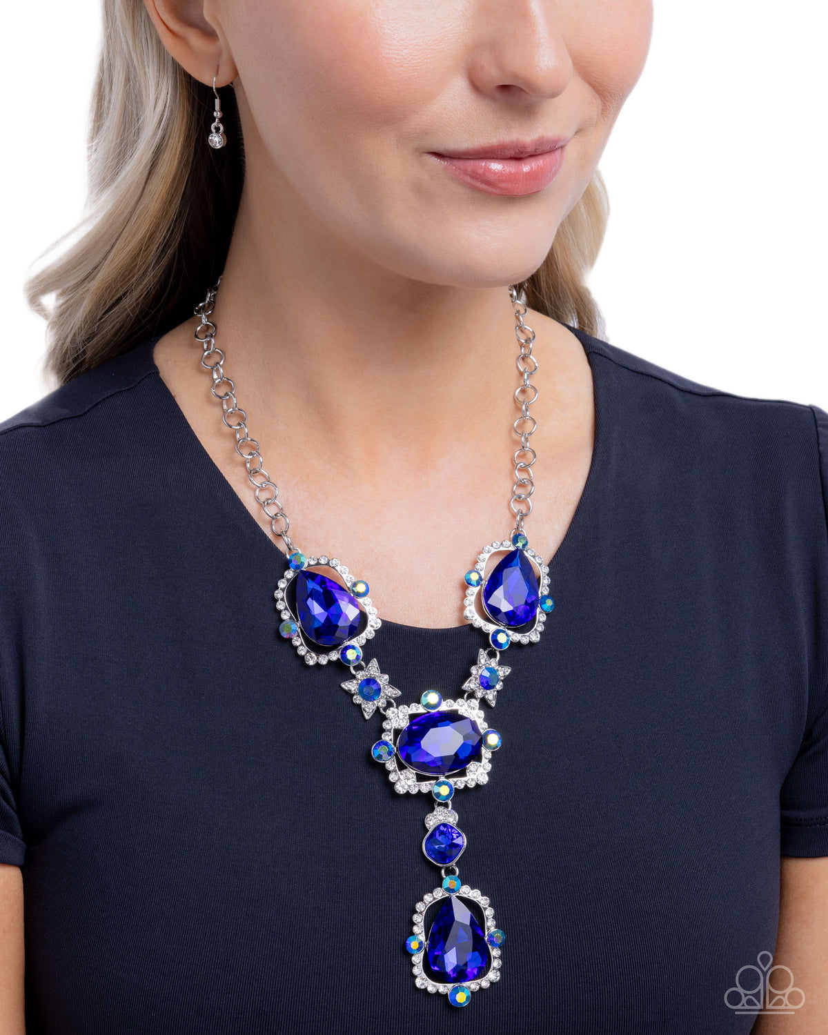 Fancy Formula Blue Gem Necklace - Paparazzi Accessories-on model - CarasShop.com - Paparazzi Jewelry by Cara Jewels