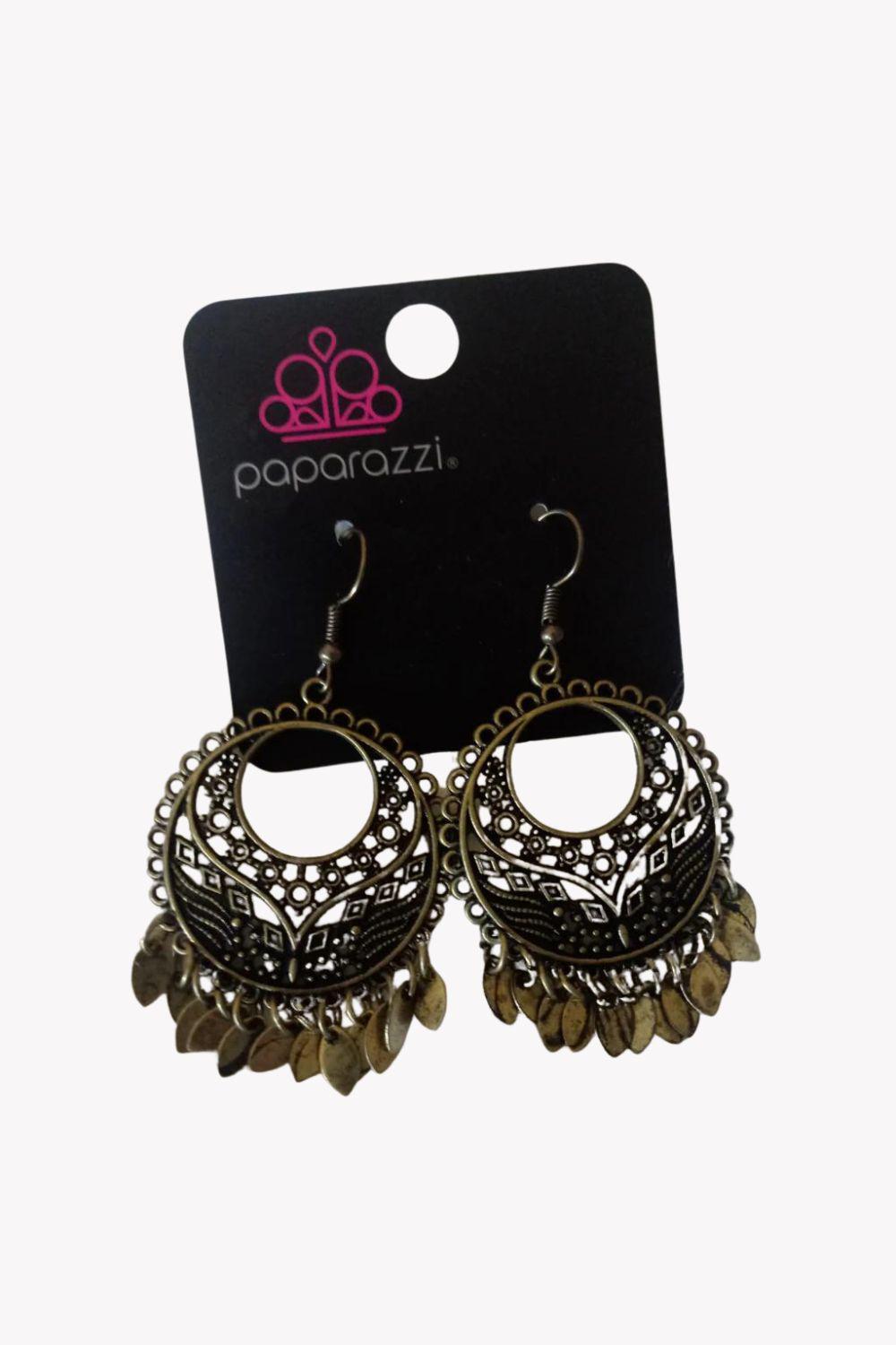Far Off Horizons Brass Earrings - Paparazzi Accessories- on model - CarasShop.com - Paparazzi Jewelry by Cara Jewels