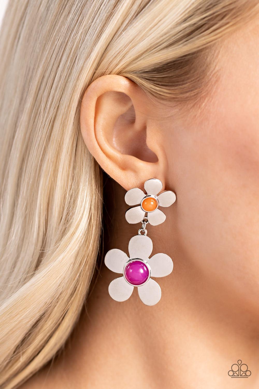 Fashionable Florals Pink & Silver Flower Earrings - Paparazzi Accessories- lightbox - CarasShop.com - Paparazzi Jewelry by Cara Jewels