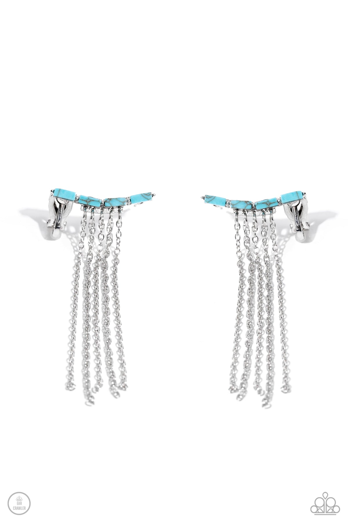Fault Line Fringe Turquoise Blue Stone & Silver Fringe Ear Crawler Earrings - Paparazzi Accessories- lightbox - CarasShop.com - Paparazzi Jewelry by Cara Jewels