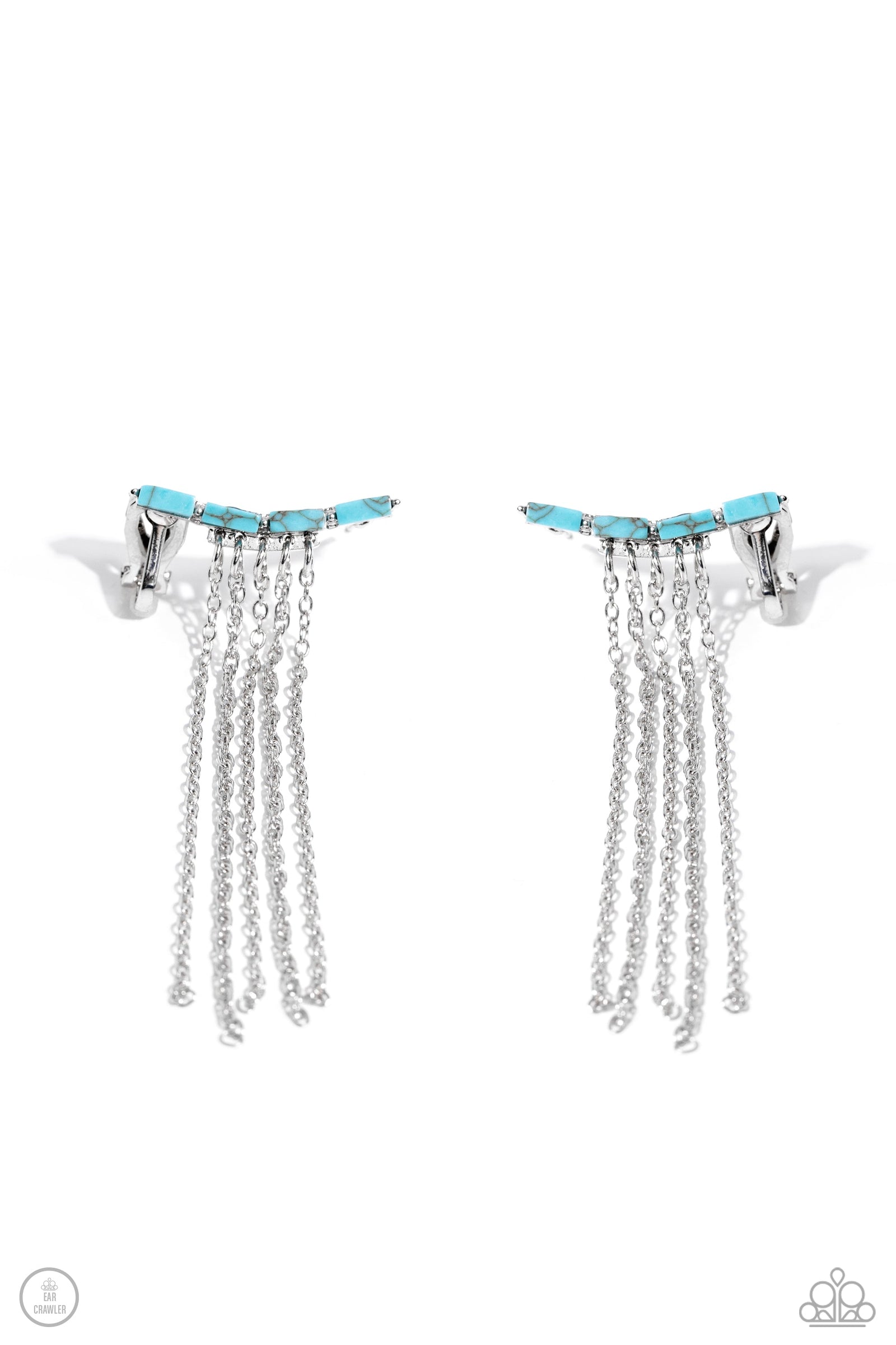 Fault Line Fringe Turquoise Blue Stone & Silver Fringe Ear Crawler Earrings - Paparazzi Accessories- lightbox - CarasShop.com - Paparazzi Jewelry by Cara Jewels