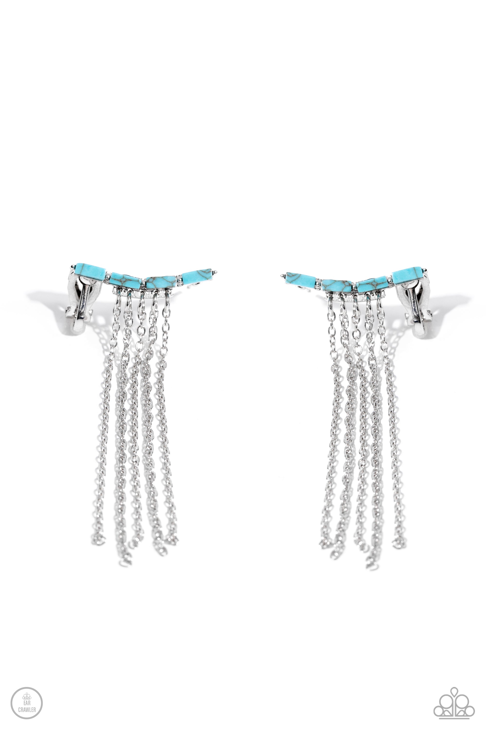 Fault Line Fringe Turquoise Blue Stone & Silver Fringe Ear Crawler Earrings - Paparazzi Accessories- lightbox - CarasShop.com - Paparazzi Jewelry by Cara Jewels