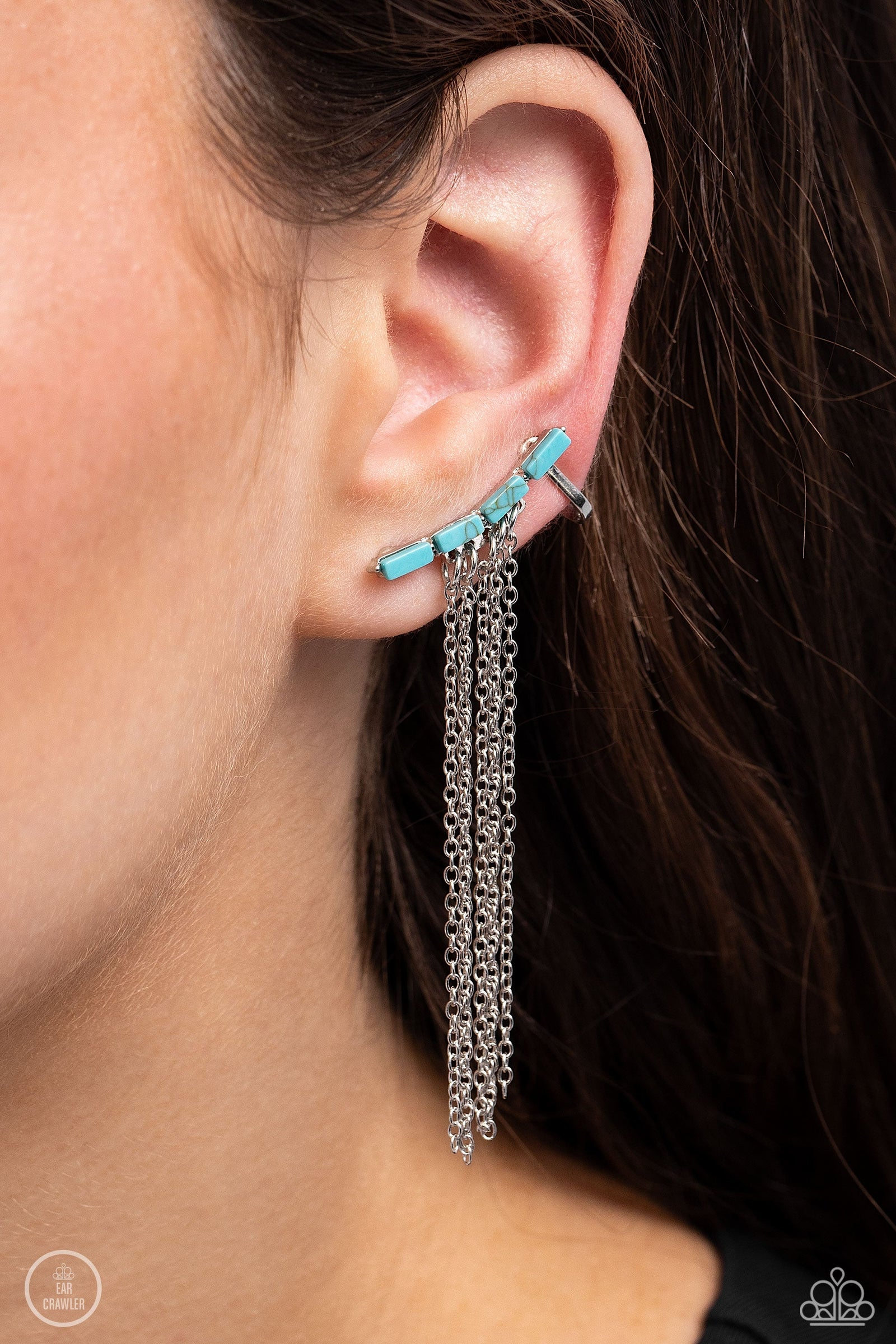 Fault Line Fringe Turquoise Blue Stone & Silver Fringe Ear Crawler Earrings - Paparazzi Accessories- lightbox - CarasShop.com - Paparazzi Jewelry by Cara Jewels
