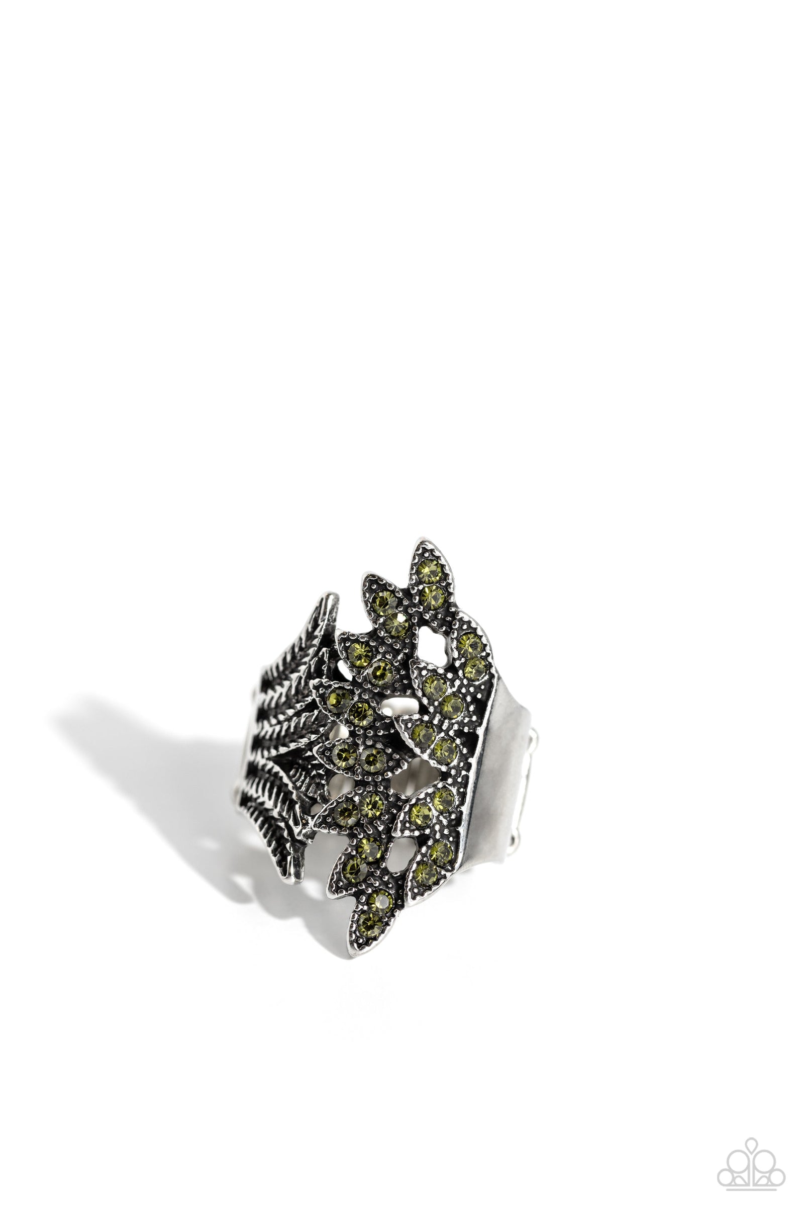 Fearlessly Feathered Green Rhinestone Ring - Paparazzi Accessories- lightbox - CarasShop.com - Paparazzi Jewelry by Cara Jewels
