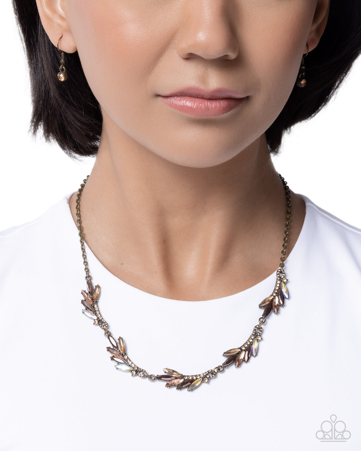 Feathered Fantasy Brass & Peach Rhinestone Necklace - Paparazzi Accessories-on model - CarasShop.com - Paparazzi Jewelry by Cara Jewels