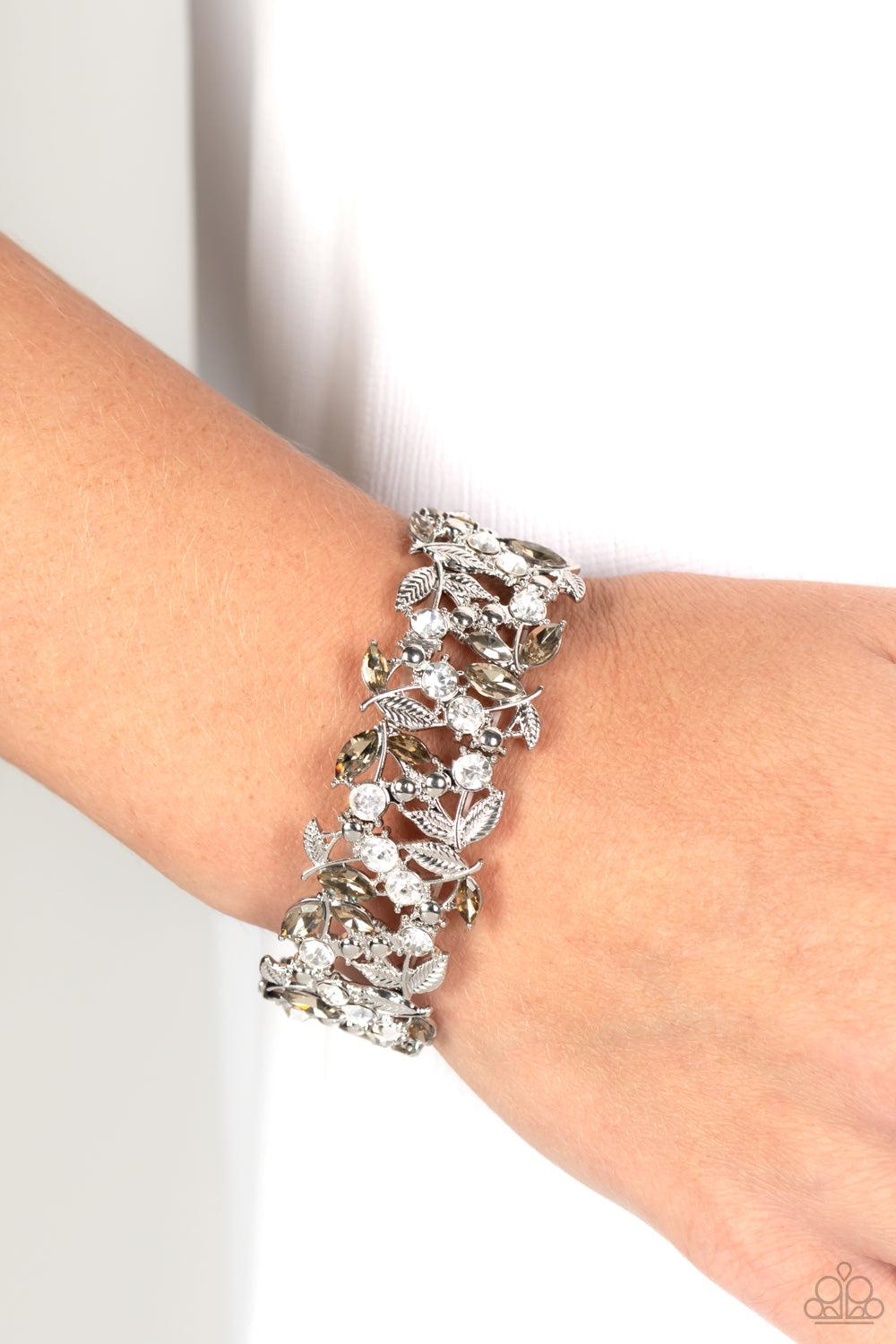 Feathered Finesse Brown & White Rhinestone Bracelet - Paparazzi Accessories- on model - CarasShop.com - Paparazzi Jewelry by Cara Jewels