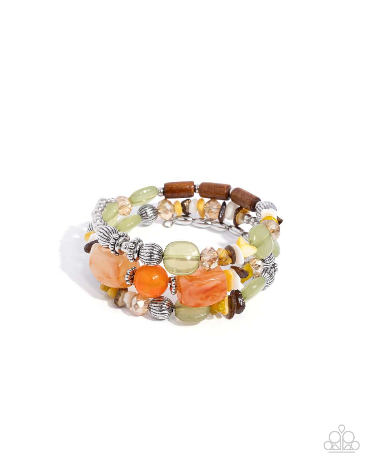 Feeling Alive Multi Green, Orange, Brown & Silver Coil Bracelet - Paparazzi Accessories- lightbox - CarasShop.com - Paparazzi Jewelry by Cara Jewels