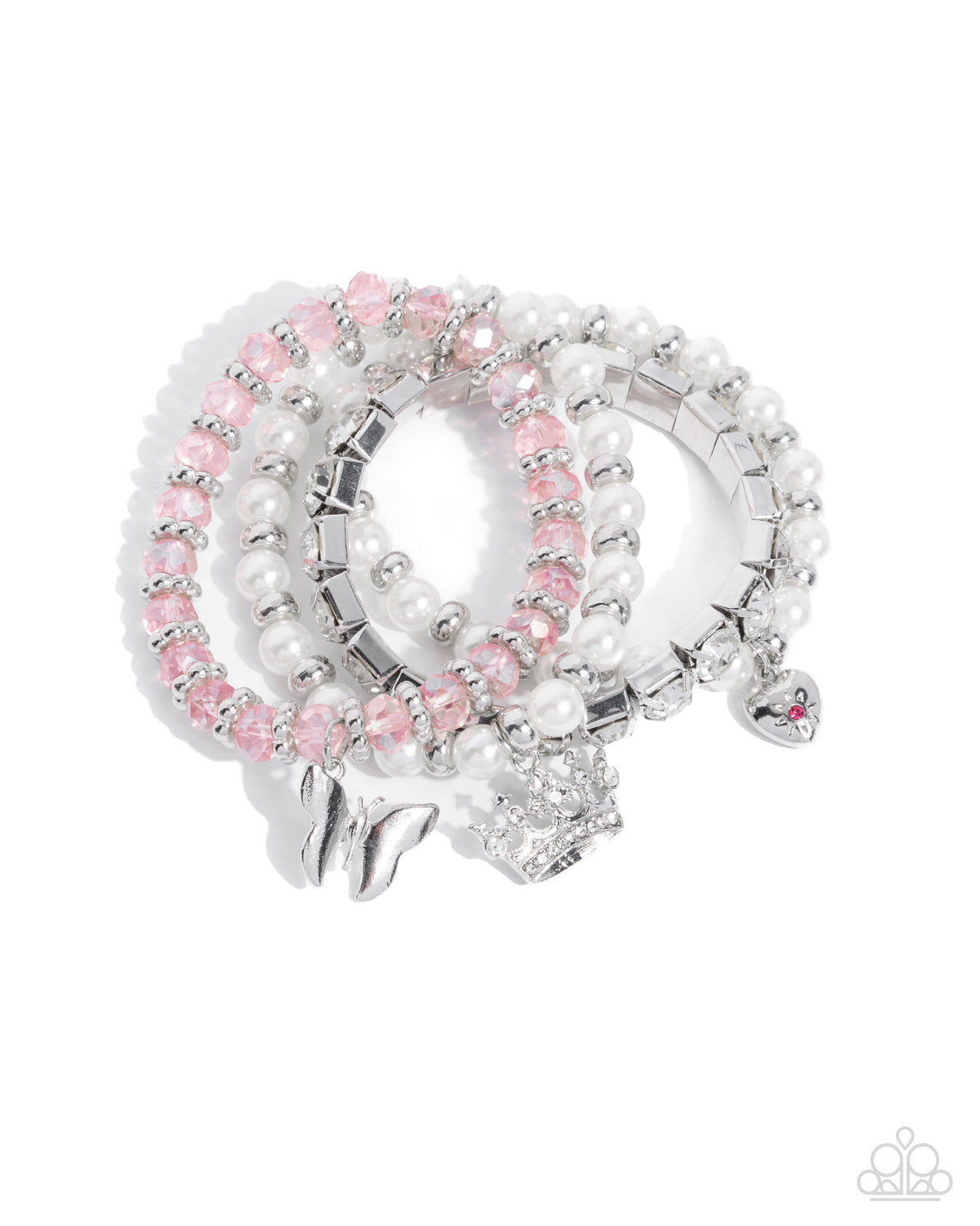 Feminine Charm Pink, White Rhinestone & Pearl Bracelet Set - Paparazzi Accessories- lightbox - CarasShop.com - Paparazzi Jewelry by Cara Jewels