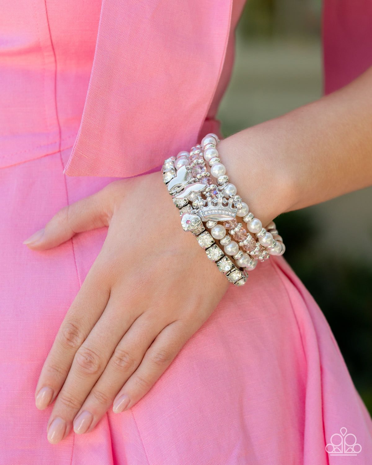Feminine Charm Pink, White Rhinestone & Pearl Bracelet Set - Paparazzi Accessories- on model - CarasShop.com - Paparazzi Jewelry by Cara Jewels