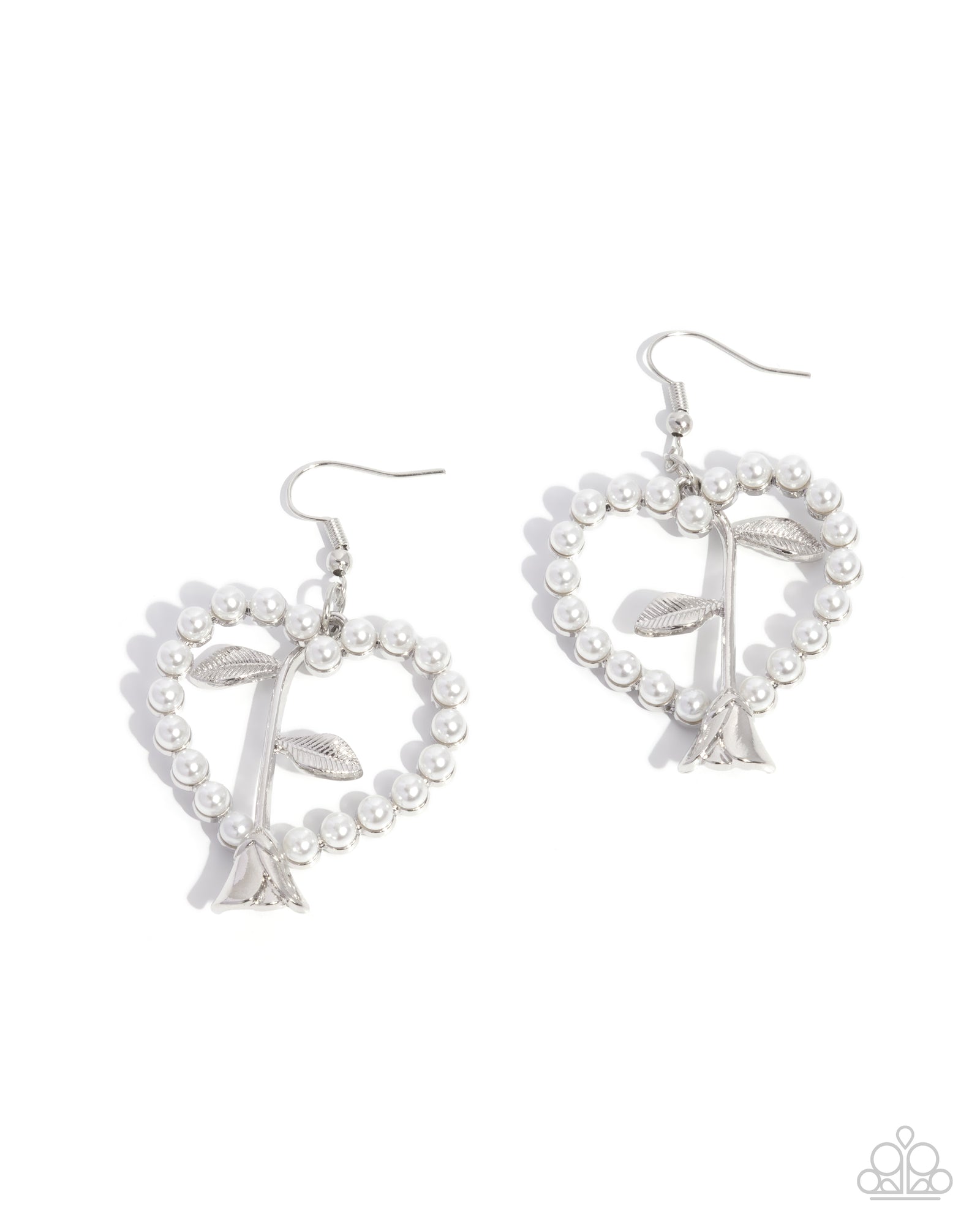 Feminine Fame White Pearl Heart & Rose Earrings - Paparazzi Accessories- lightbox - CarasShop.com - Paparazzi Jewelry by Cara Jewels