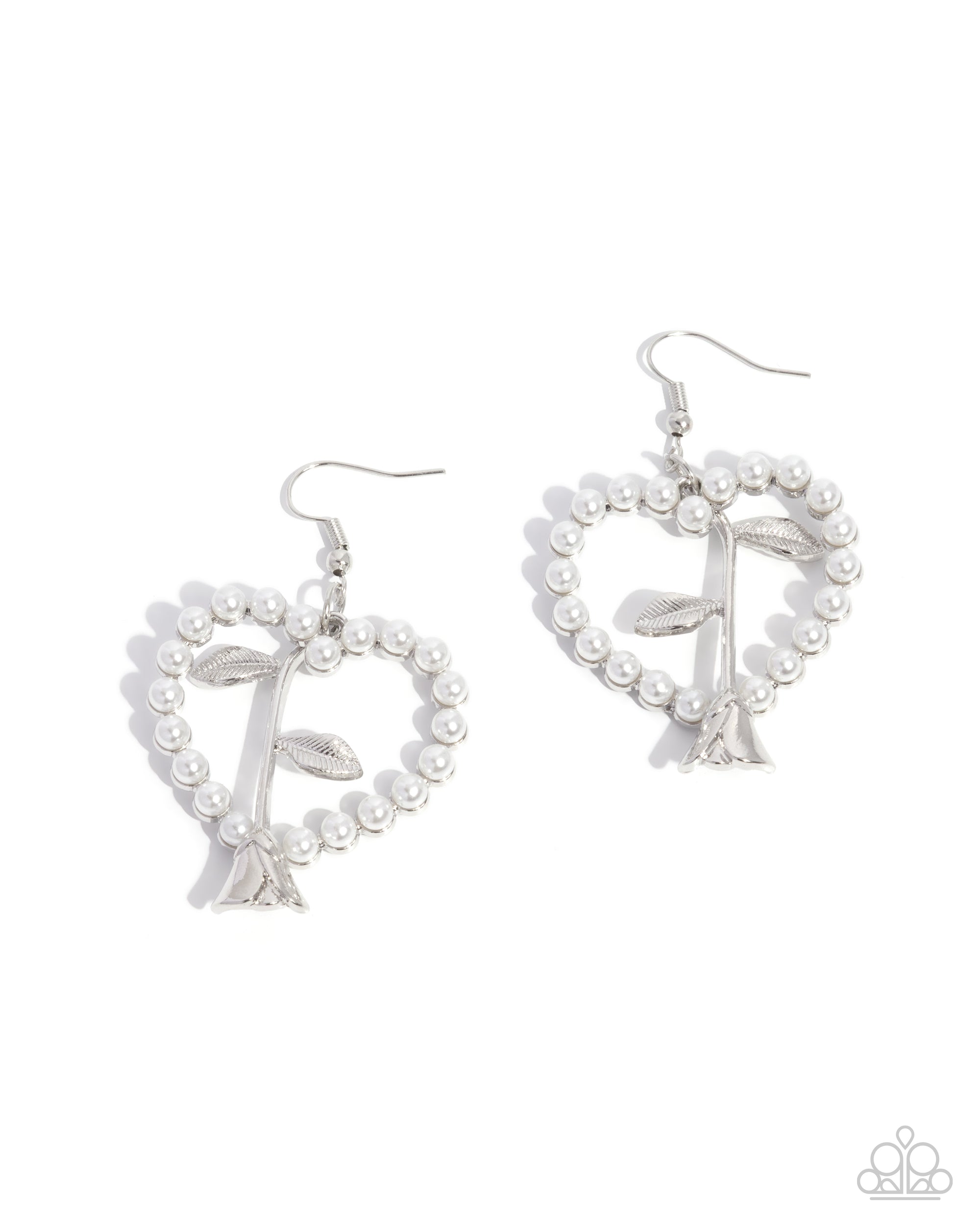 Feminine Fame White Pearl Heart & Rose Earrings - Paparazzi Accessories- lightbox - CarasShop.com - Paparazzi Jewelry by Cara Jewels