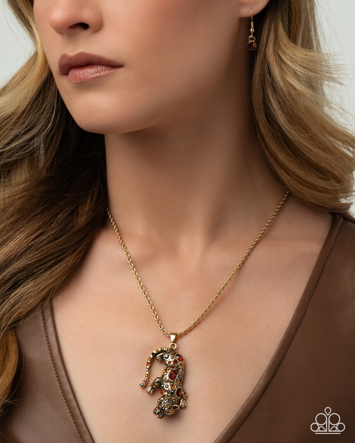 Ferocious Feline Gold & Rhinestone Necklace - Paparazzi Accessories-on model - CarasShop.com - Paparazzi Jewelry by Cara Jewels