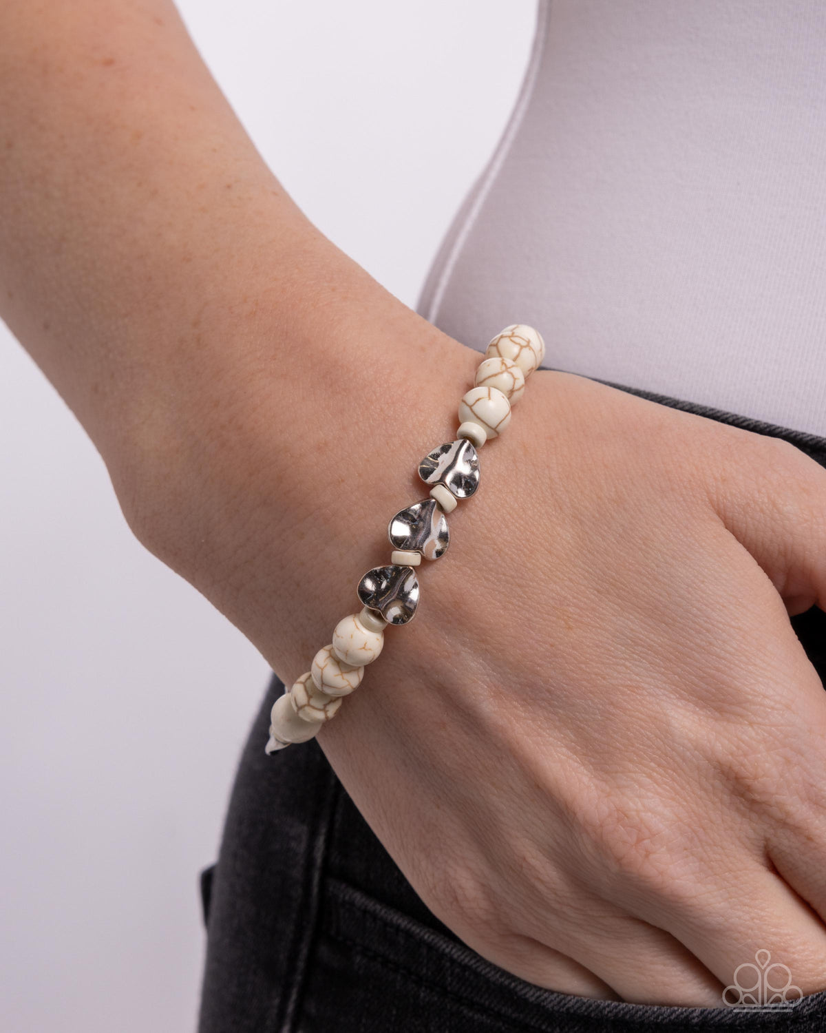 Festival Fling White Stone Bracelet - Paparazzi Accessories- on model - CarasShop.com - Paparazzi Jewelry by Cara Jewels