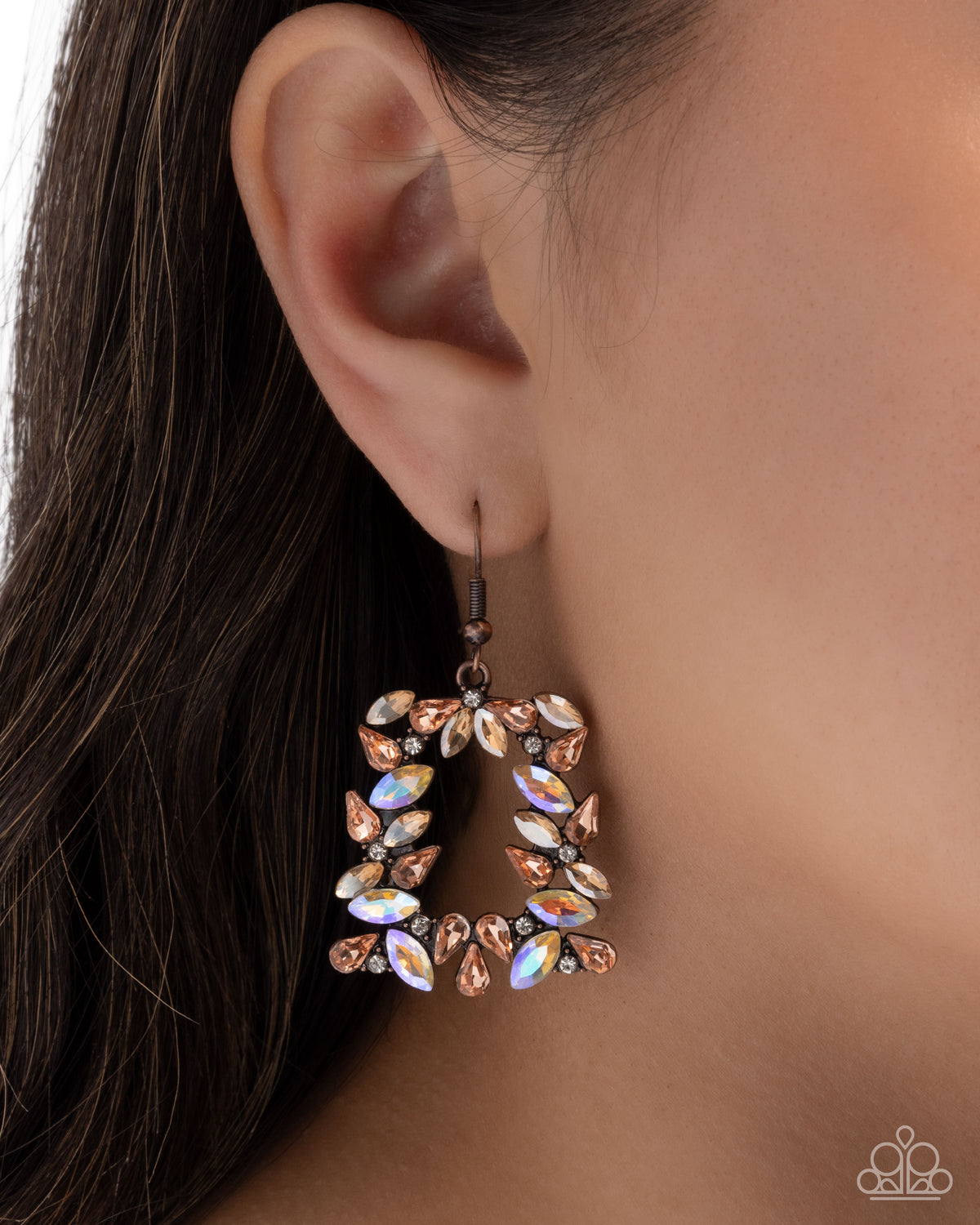 Fierce Frame Copper Gem Earrings - Paparazzi Accessories-on model - CarasShop.com - Paparazzi Jewelry by Cara Jewels