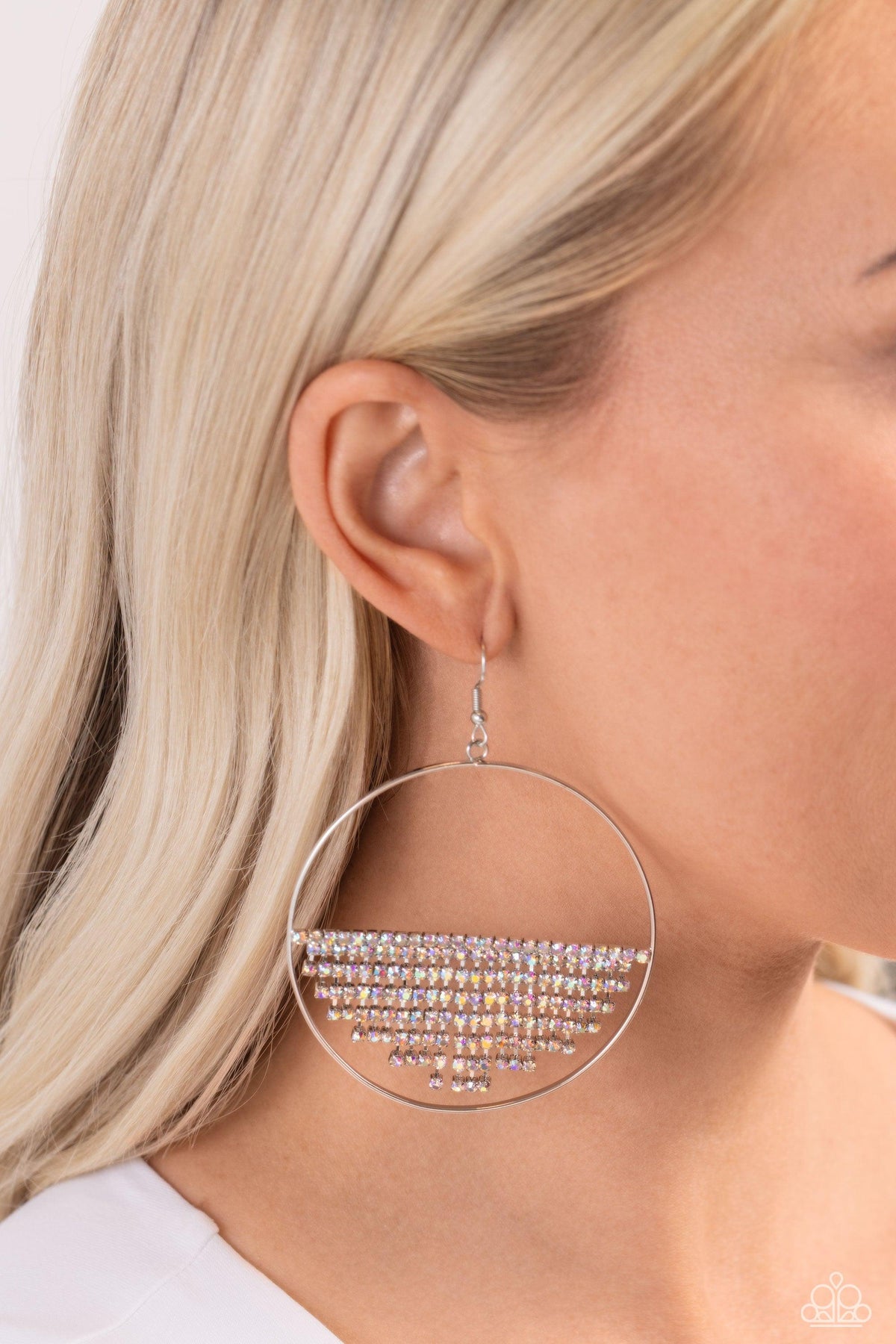 Fierce Fringe Multi Iridescent Rhinestone Earrings - Paparazzi Accessories- on model - CarasShop.com - Paparazzi Jewelry by Cara Jewels