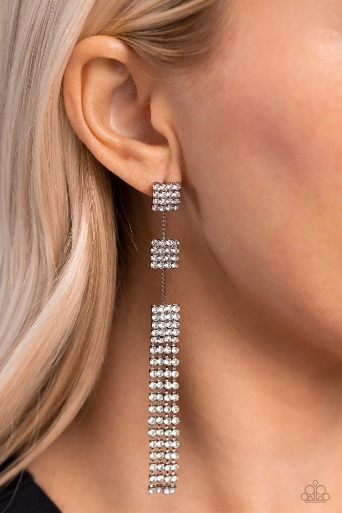 Fiercely Free Falling Black Earrings - Paparazzi Accessories-on model - CarasShop.com - Paparazzi Jewelry by Cara Jewels
