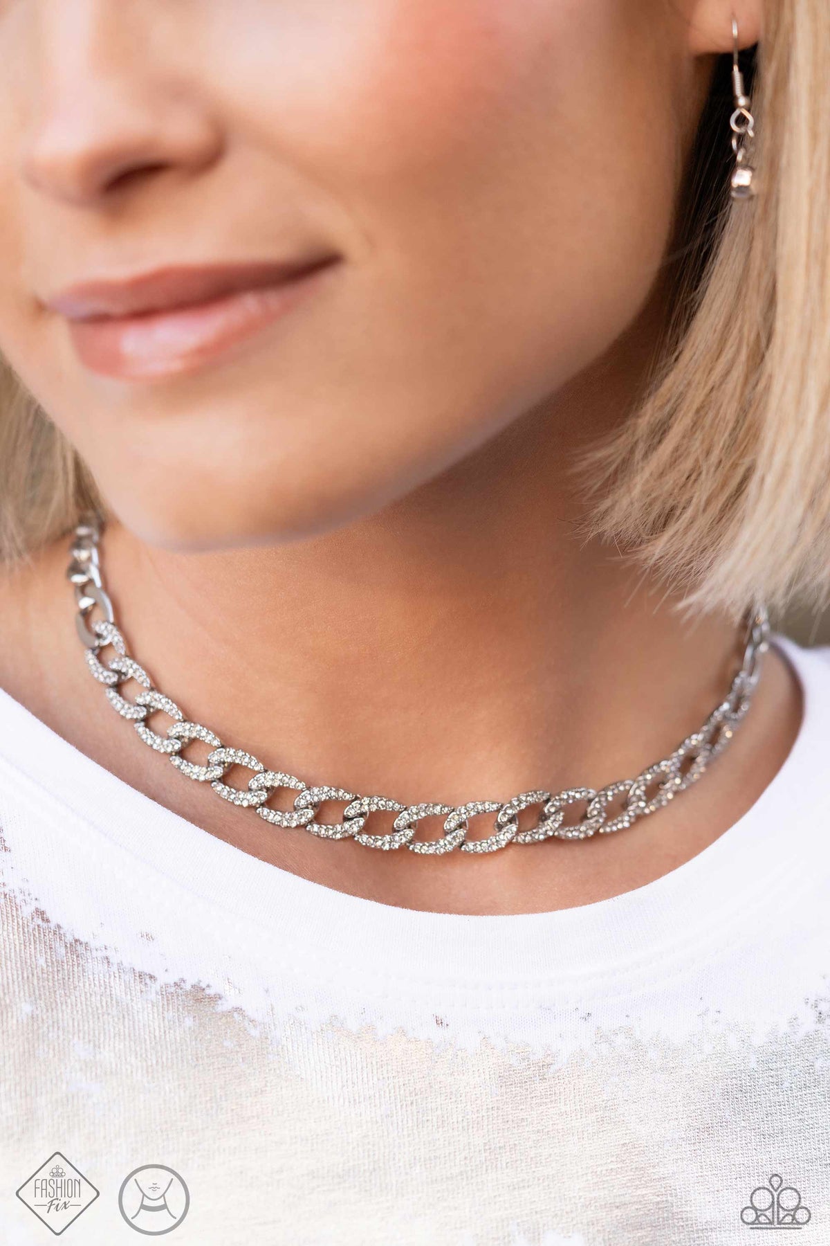 Fiercely Independent White Rhinestone Choker Necklace - Paparazzi Accessories- on model - CarasShop.com - Paparazzi Jewelry by Cara Jewels