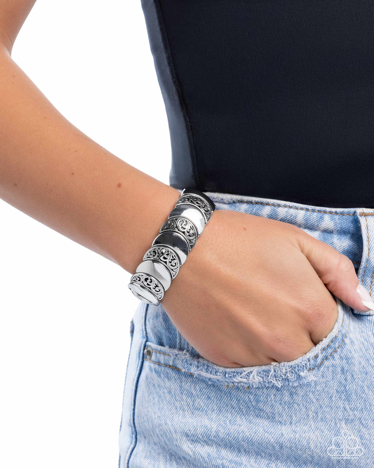 Filigree Flair Silver Bracelet - Paparazzi Accessories- on model - CarasShop.com - Paparazzi Jewelry by Cara Jewels