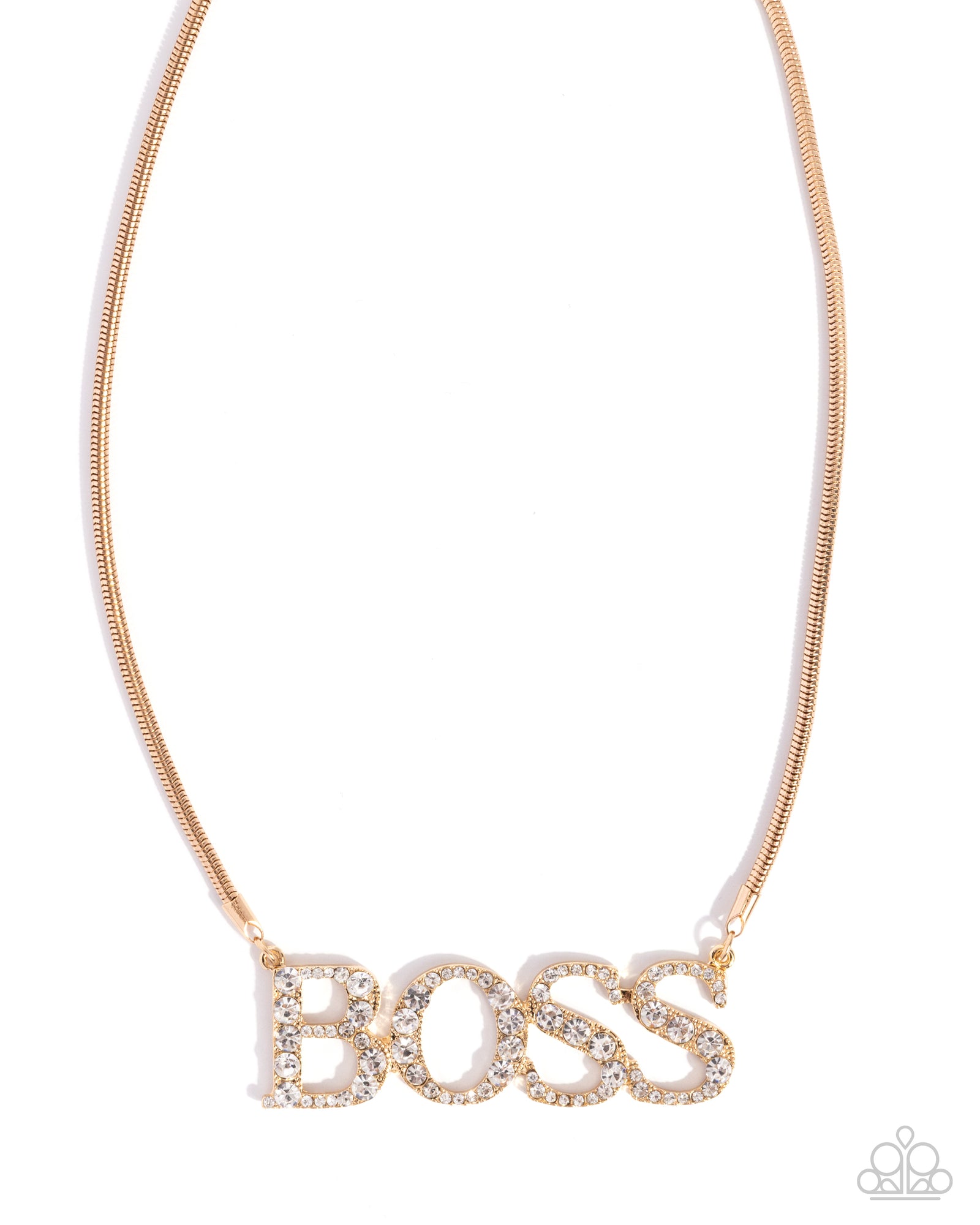 Final Boss Gold & White Rhinestone Necklace - Paparazzi Accessories- lightbox - CarasShop.com - Paparazzi Jewelry by Cara Jewels